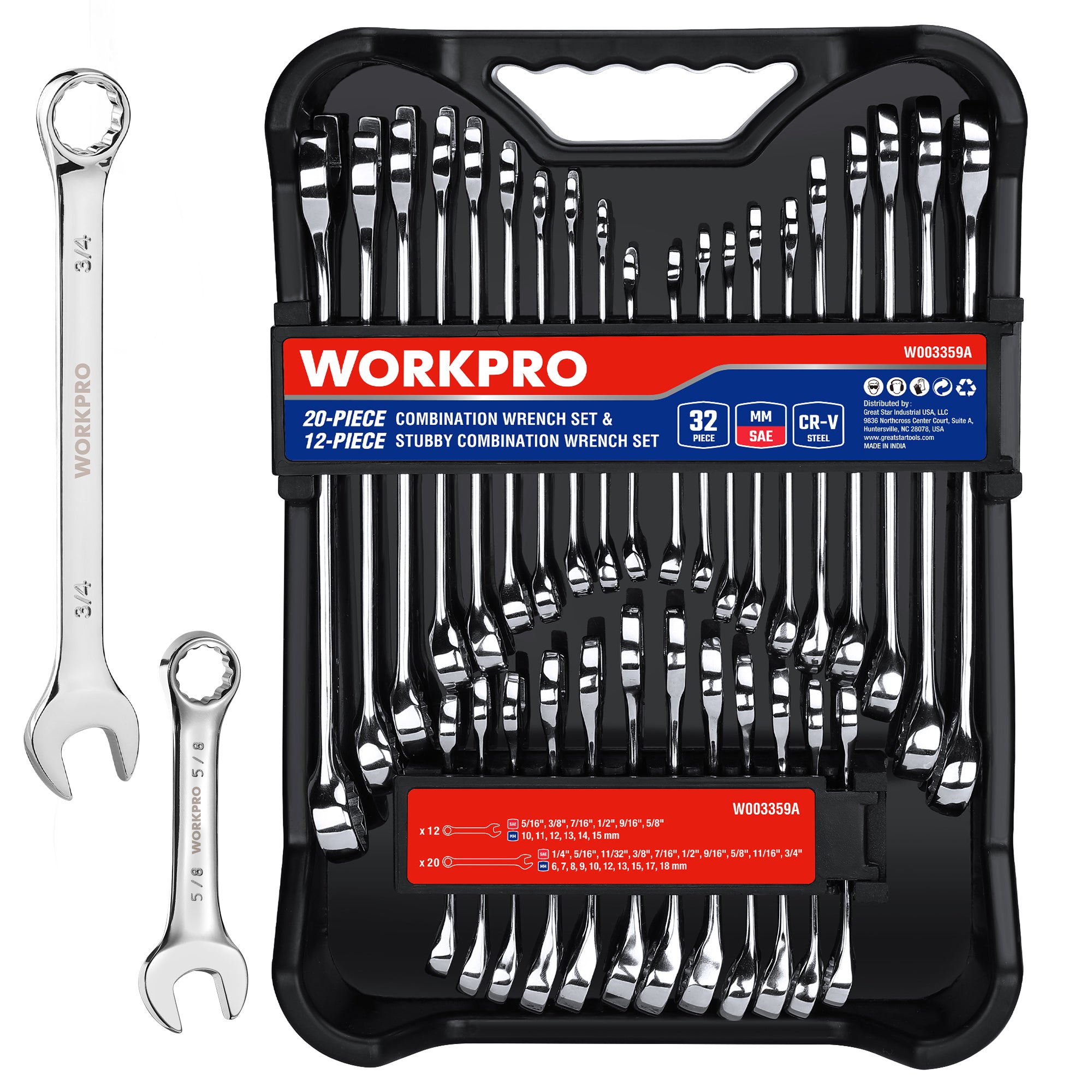 WORKPRO 32 Pcs SAE & Metric Combination 12 PT Regular and Stubby Wrench Set