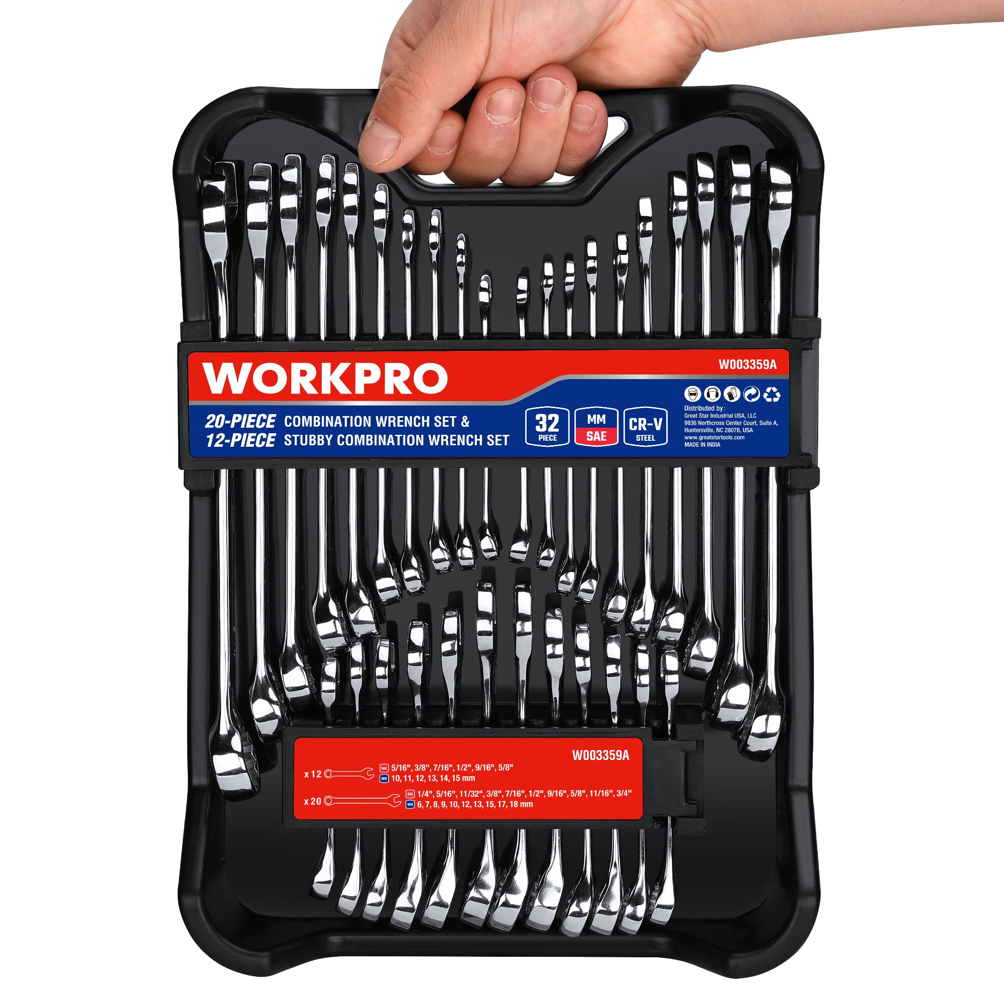 WORKPRO 32 Pcs SAE & Metric Combination 12 PT Regular and Stubby