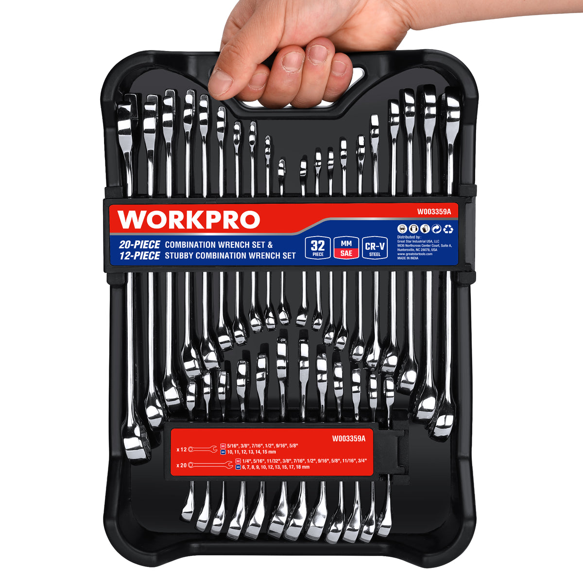 WORKPRO 32 Pcs SAE & Metric Combination 12 PT Regular and Stubby Wrench Set
