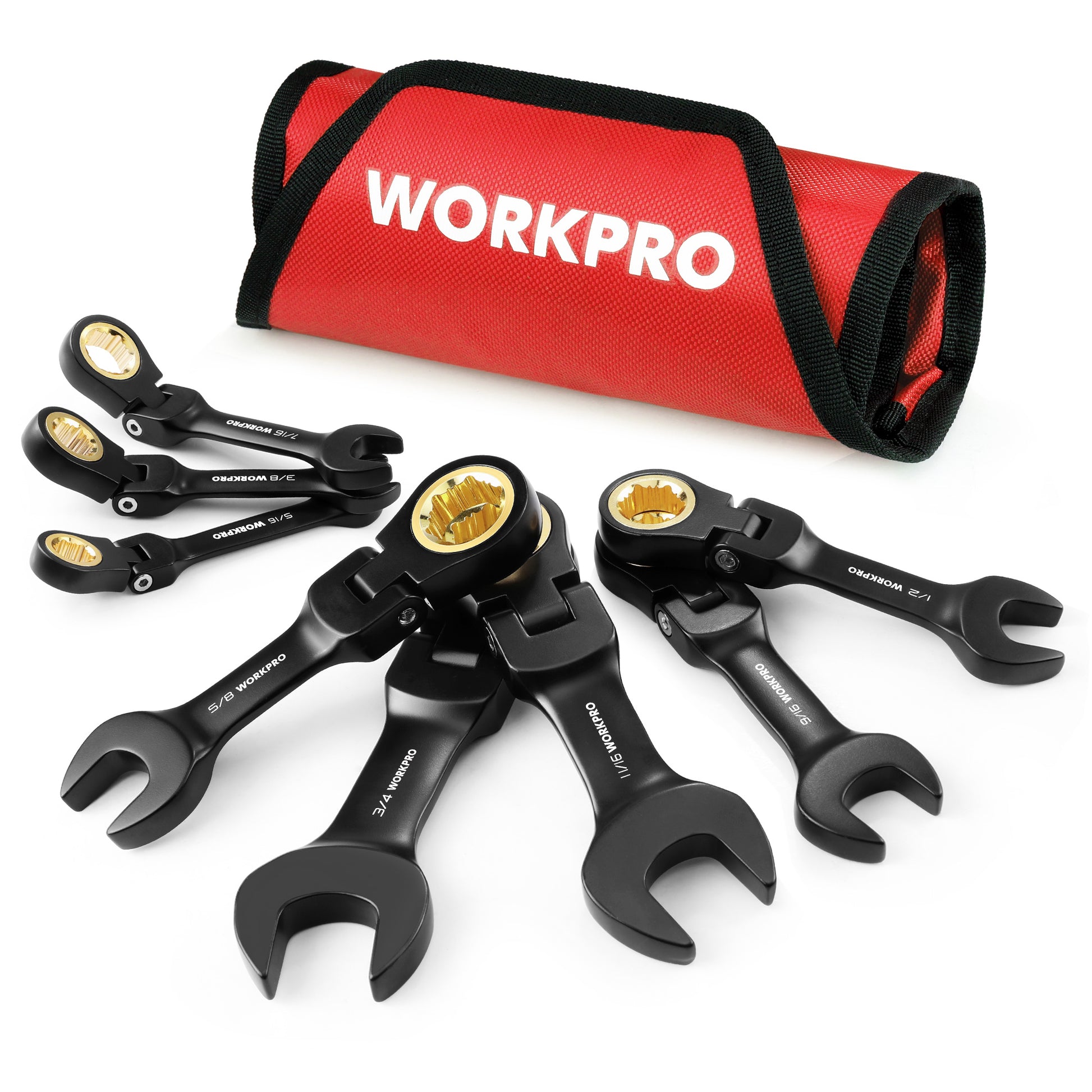 WORKPRO stubby ratcheting wrench set with rolling red pouch and black wrenches