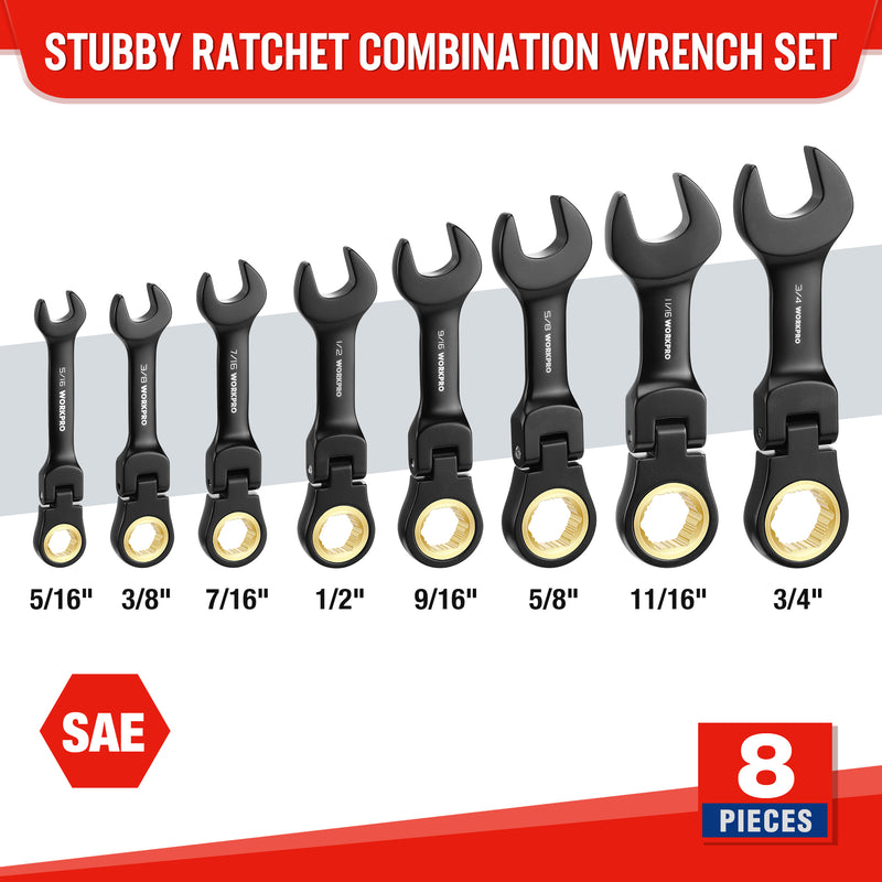 WORKPRO 8-Piece Flex-Head Stubby Anti-slip Ratcheting Wrench Set with Rolling Pouch