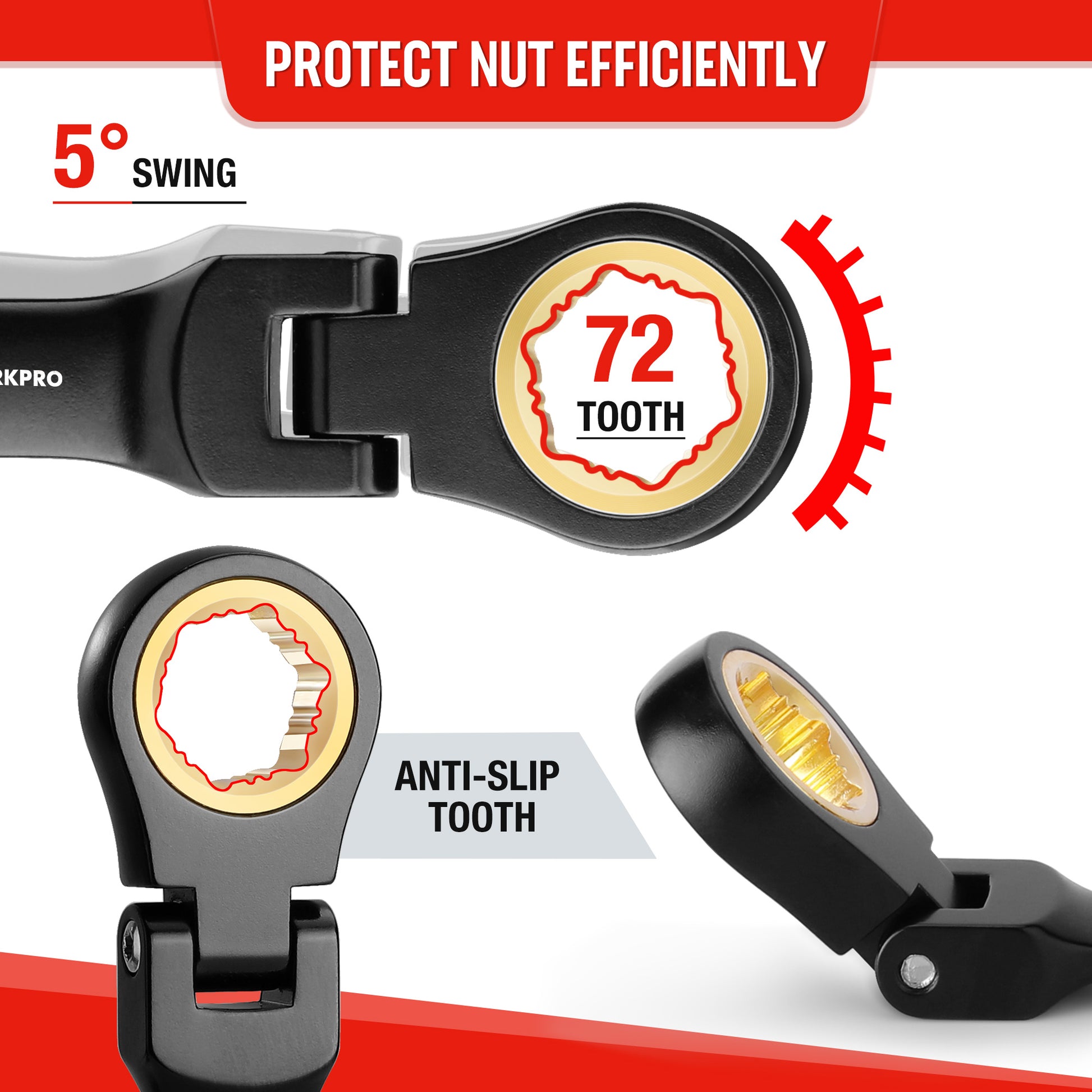 72-tooth stubby ratchet combination wrench with anti-slip tooth face