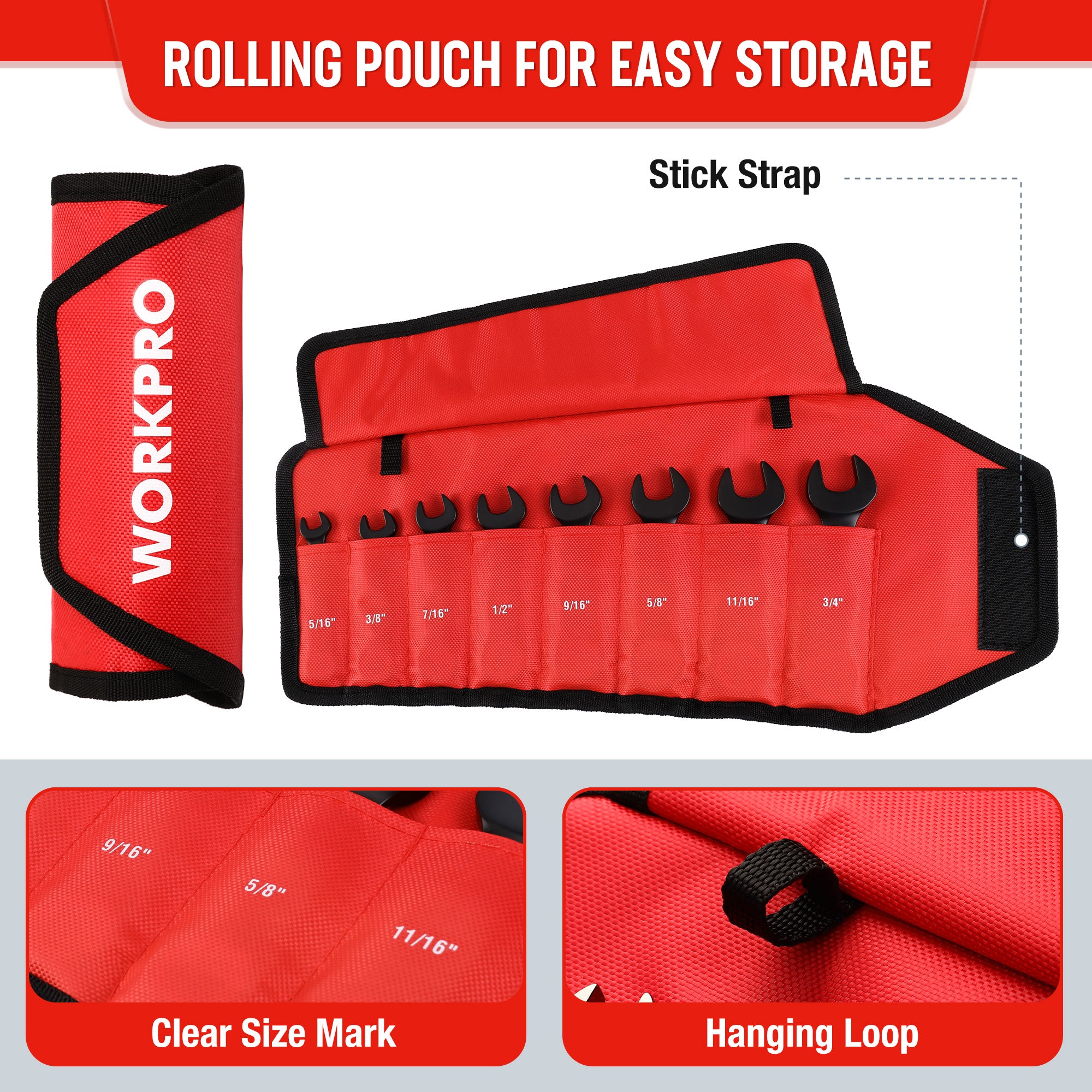 WORKPRO rolling pouch for wrench storage with clear size marks and hanging loop