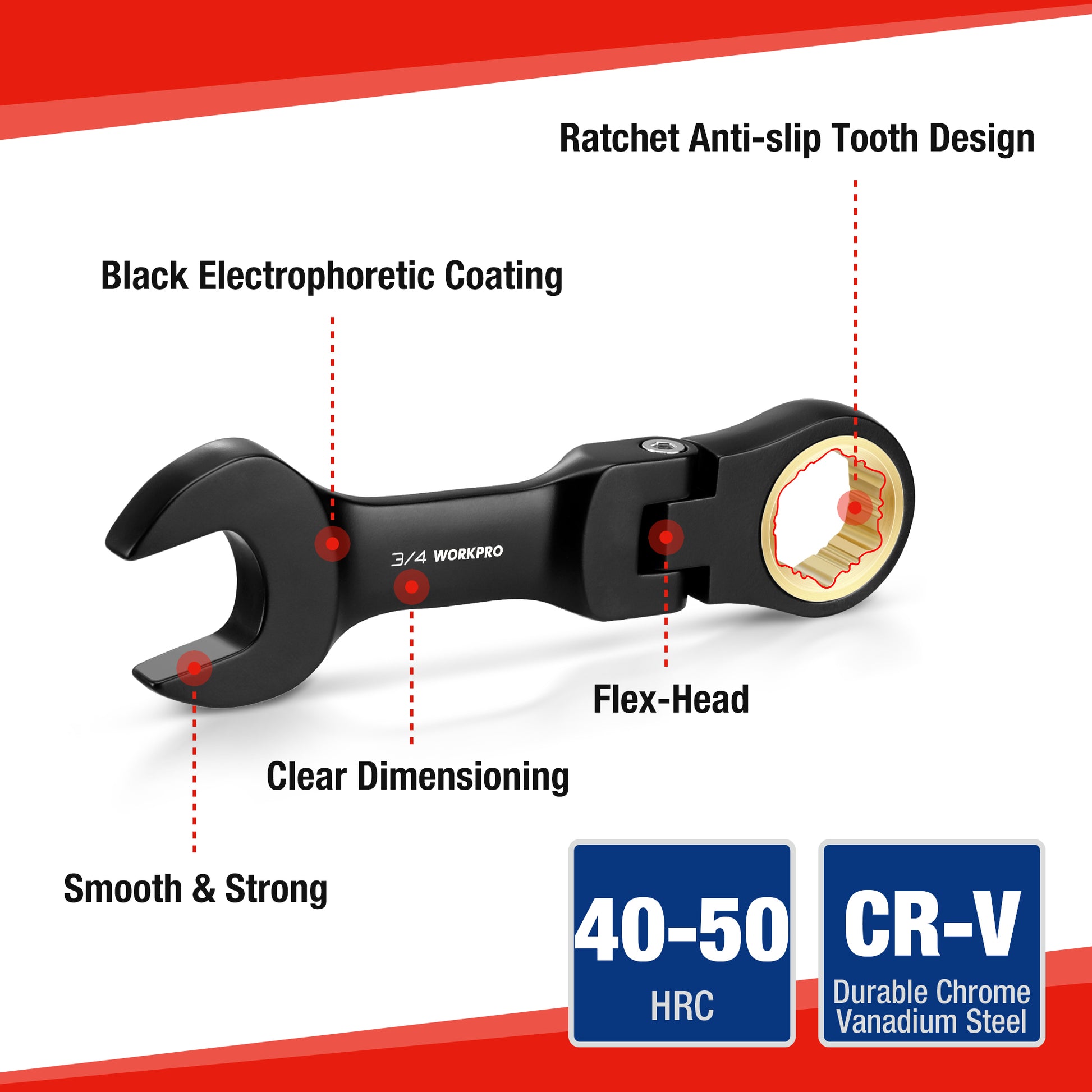 Flex-head stubby ratcheting wrench with black electroplated finish, CR-V steel