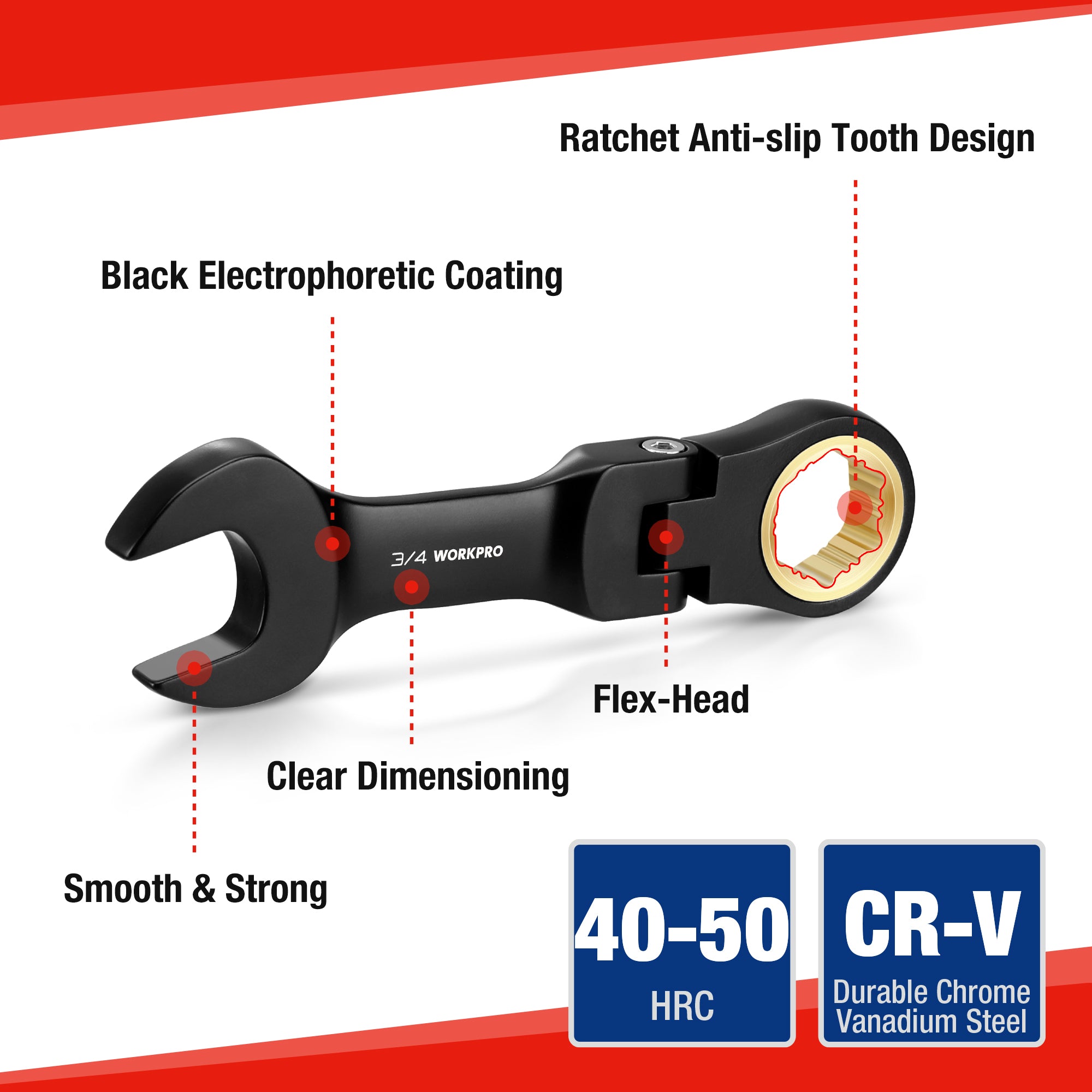 Flex-head stubby ratcheting wrench with black electroplated finish, CR-V steel