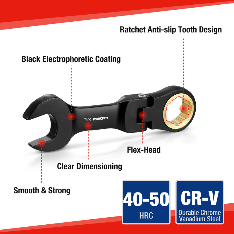 WORKPRO 8-Piece Flex-Head Stubby Anti-slip Ratcheting Wrench Set with Rolling Pouch