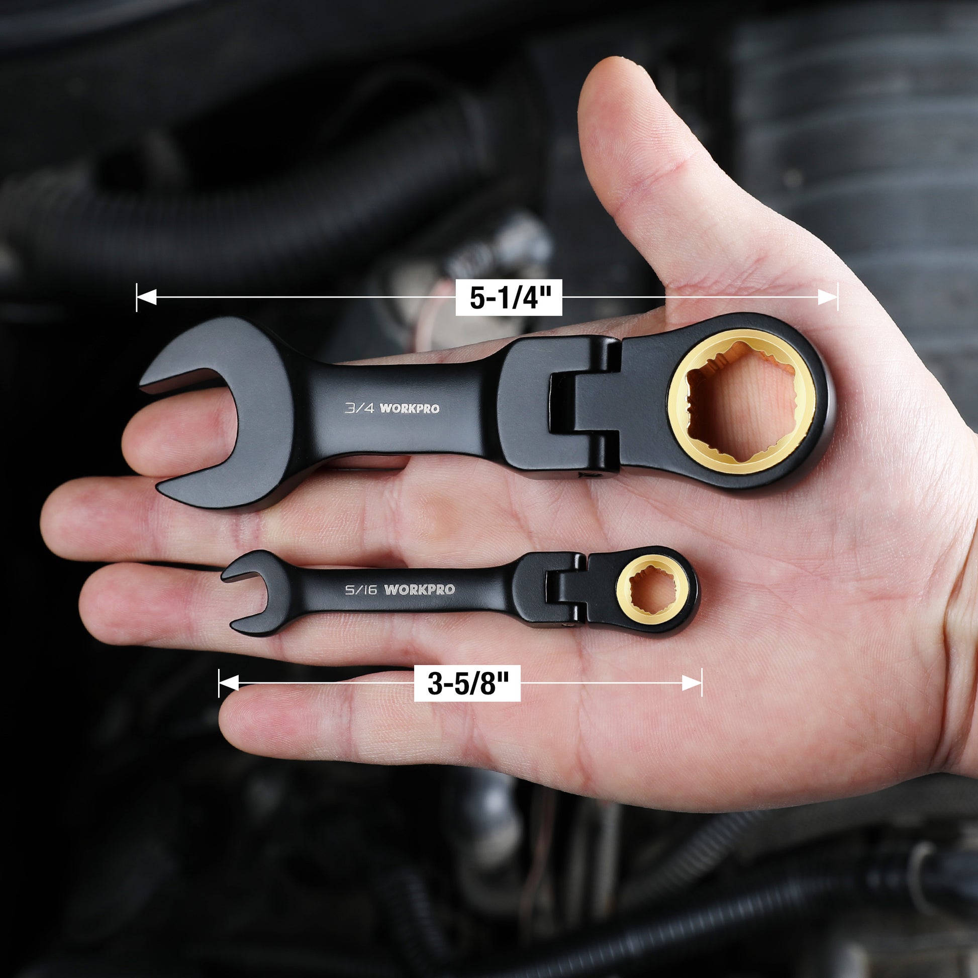 Stubby ratchet wrenches in hand, showing 5-1/4 in and 3-5/8 in lengths