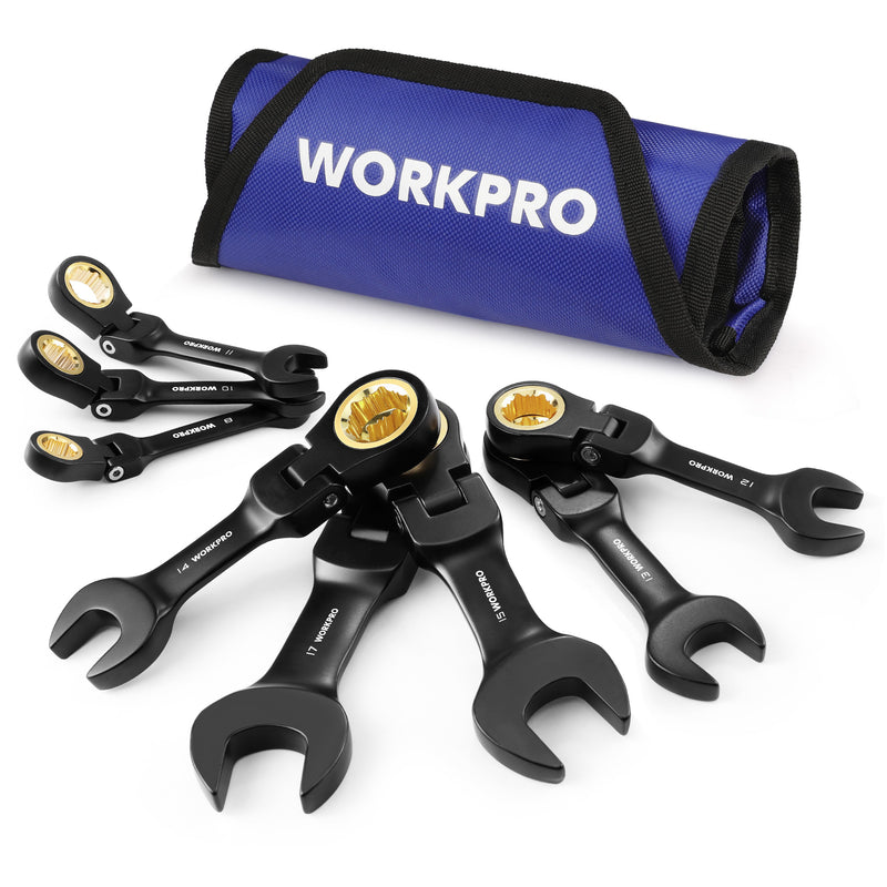 WORKPRO 8-Piece Flex-Head Stubby Anti-slip Ratcheting Wrench Set with Rolling Pouch