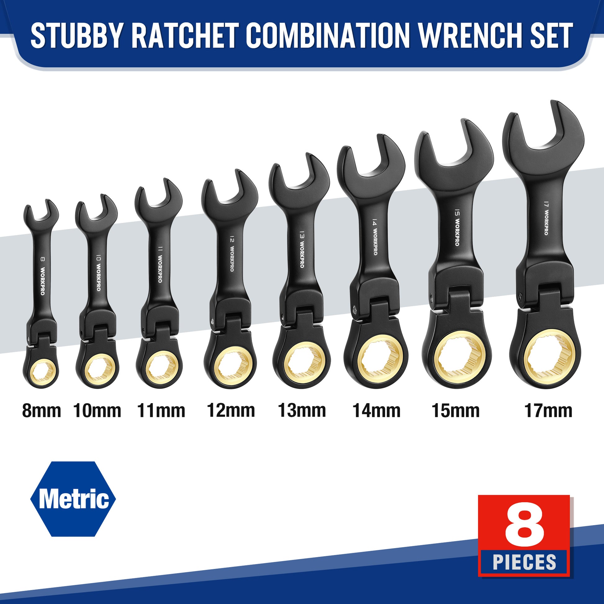 Stubby ratchet combination wrench set, metric sizes 8–17mm, black finish