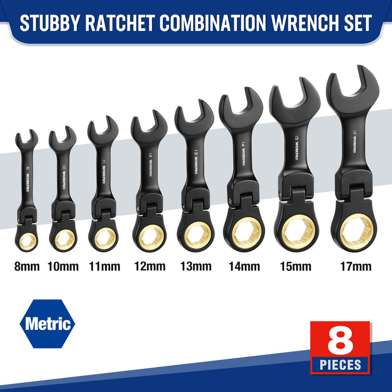 WORKPRO 8-Piece Flex-Head Stubby Anti-slip Ratcheting Wrench Set with Rolling Pouch