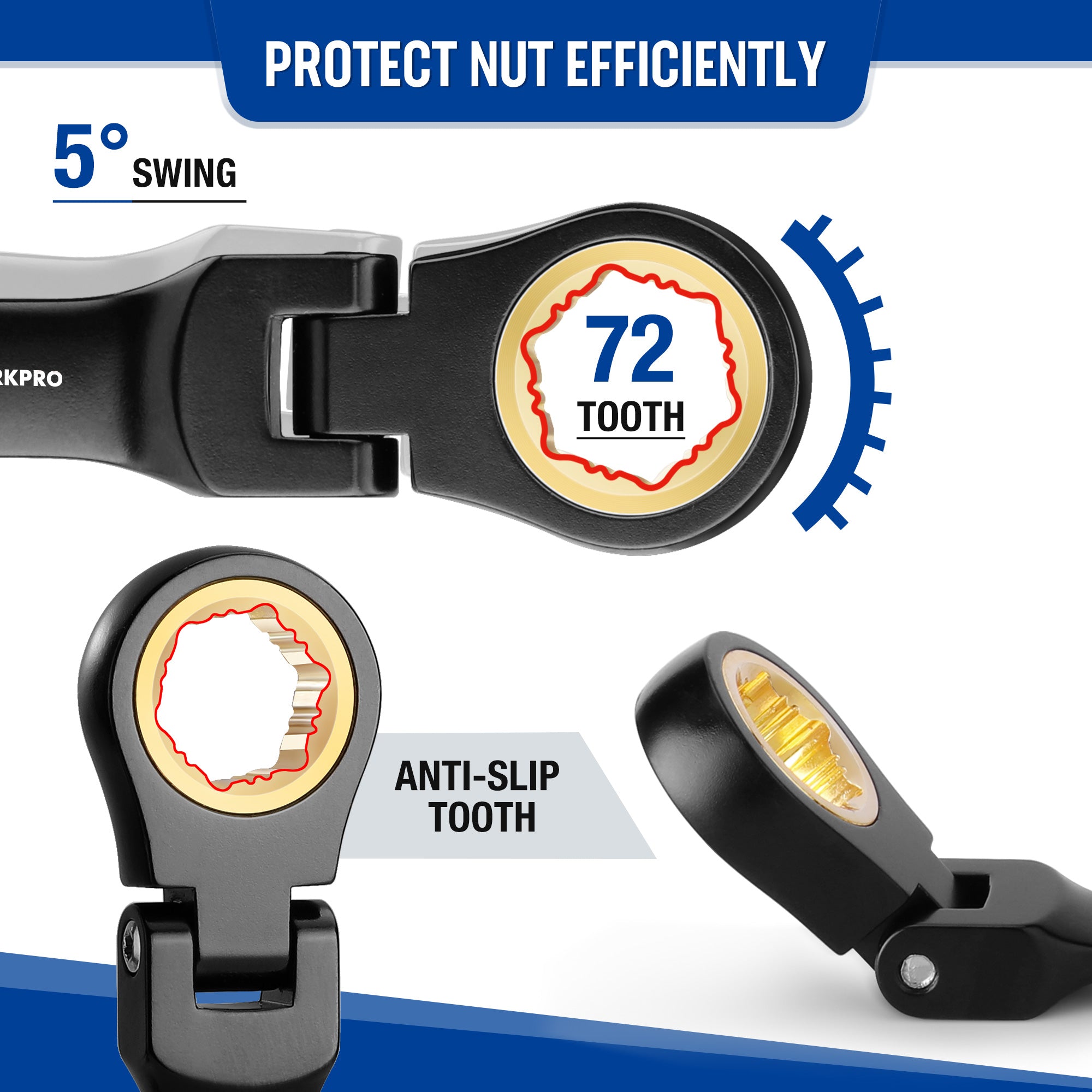 Flex-head stubby ratcheting wrench with anti-slip 72-tooth drive head