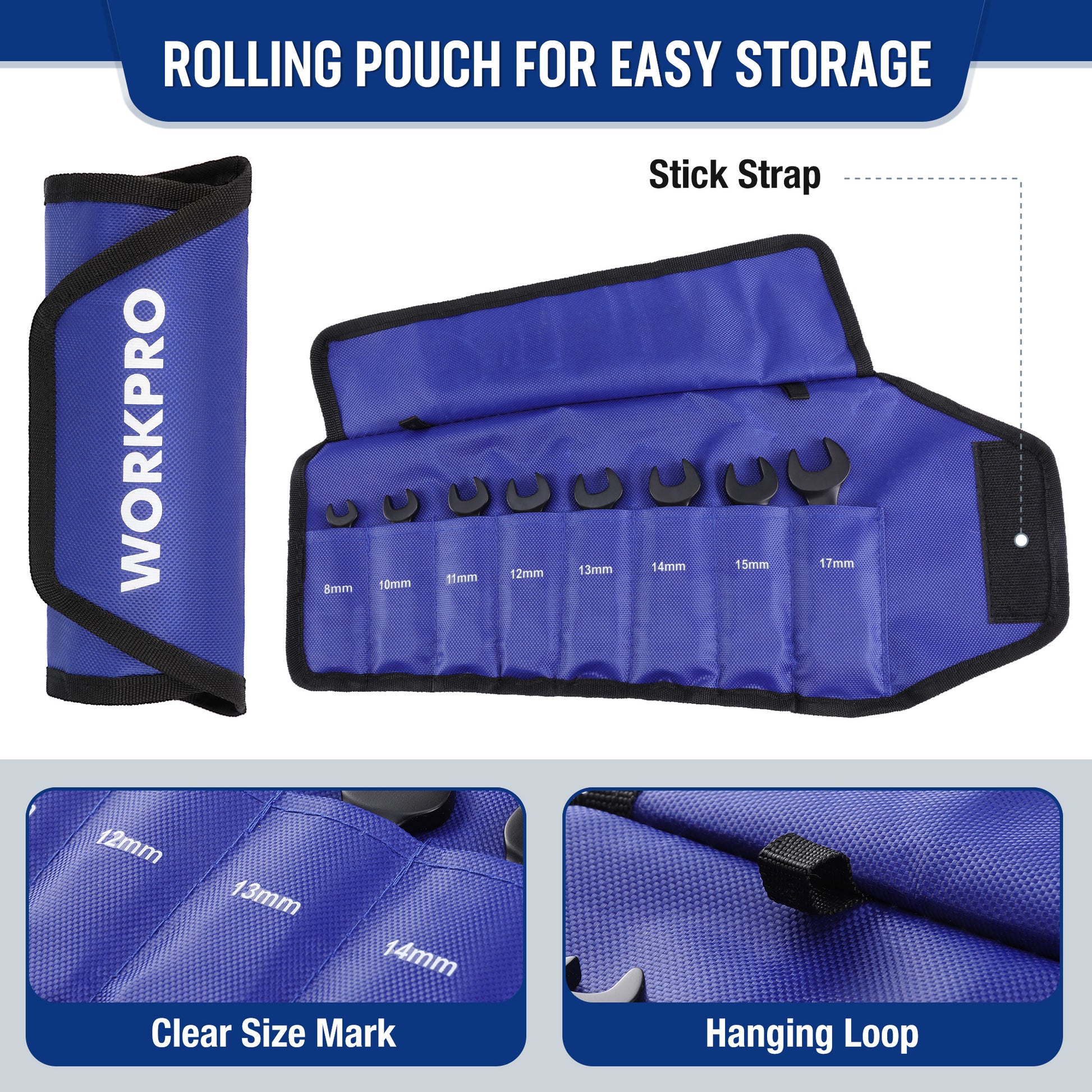 Rolling blue wrench pouch with strap, hanging loop, and labeled size pockets