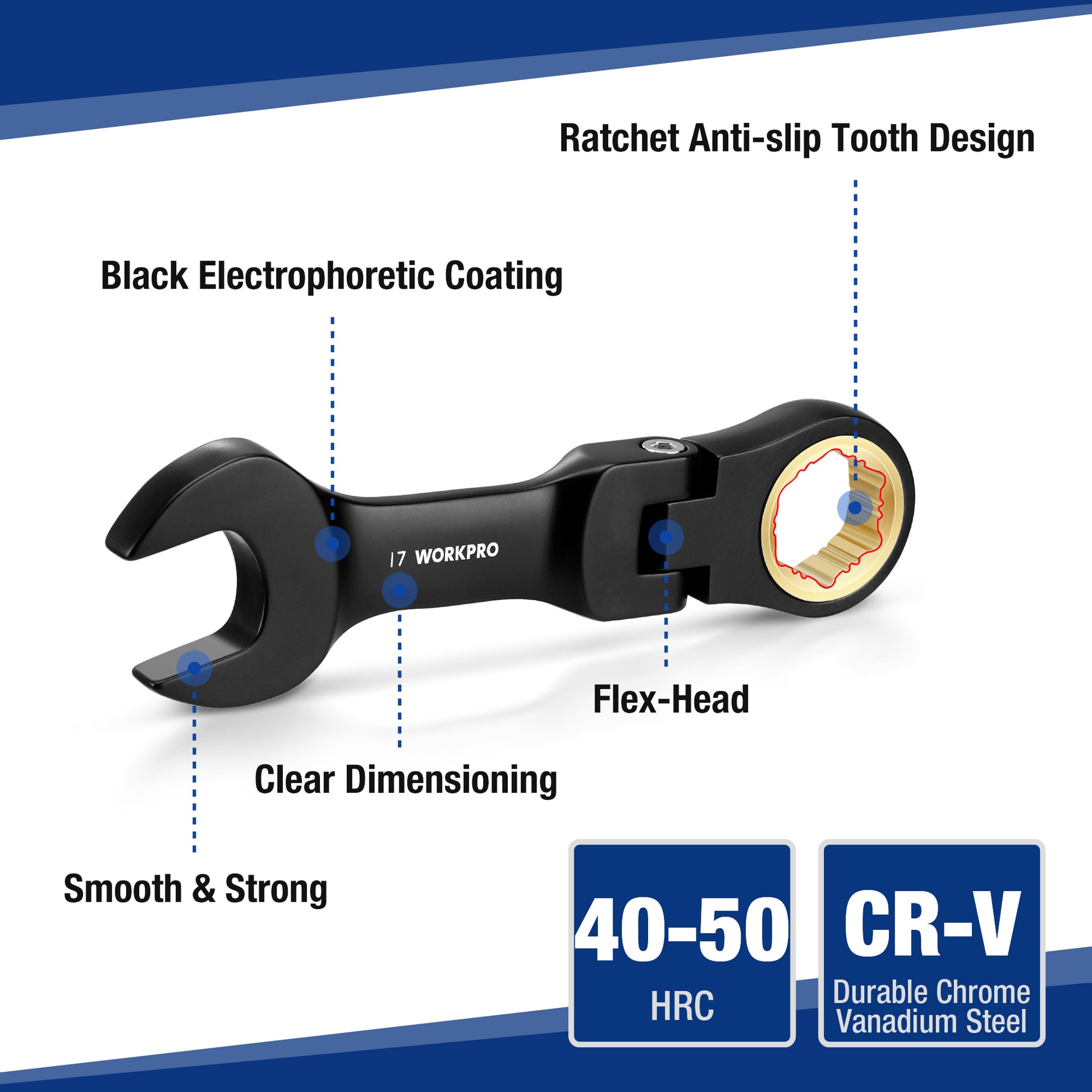Black flex-head stubby ratcheting wrench with anti-slip toothed ratchet head