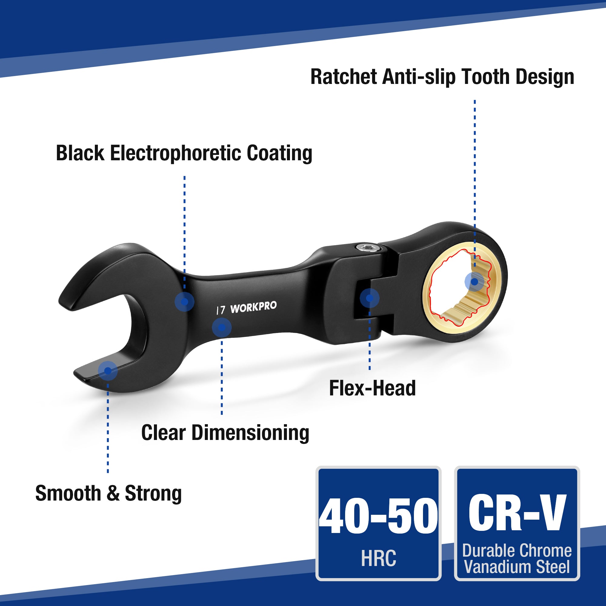 Black flex-head stubby ratcheting wrench with anti-slip toothed ratchet head