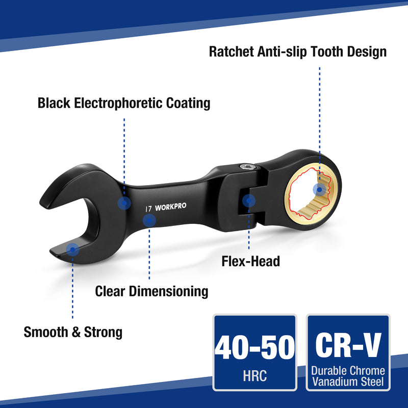 WORKPRO 8-Piece Flex-Head Stubby Anti-slip Ratcheting Wrench Set with Rolling Pouch