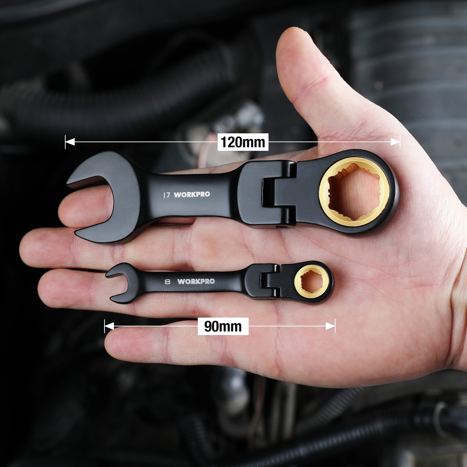 Two flex-head stubby ratcheting wrenches shown with hand-size measurement marks