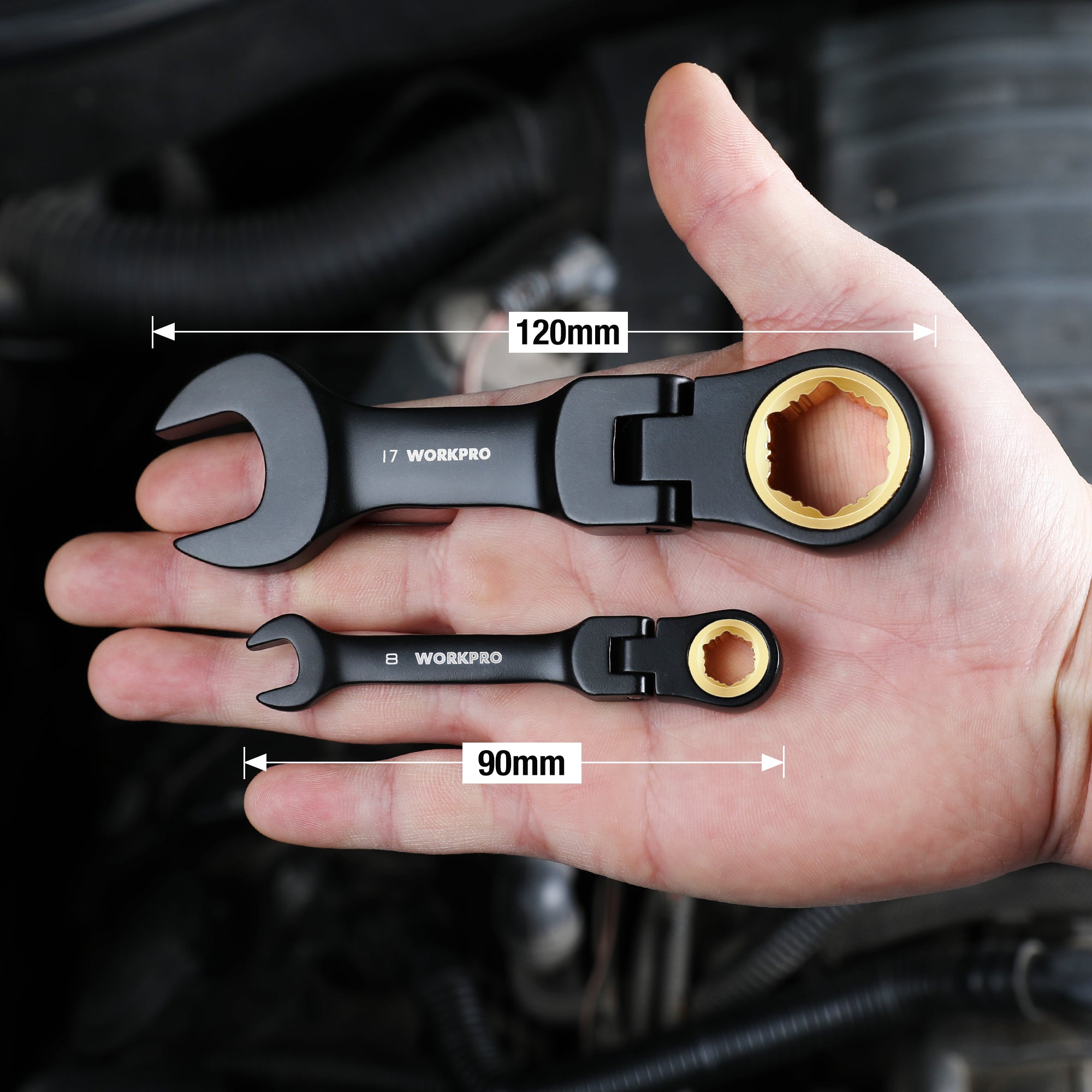 Two flex-head stubby ratcheting wrenches shown with hand-size measurement marks