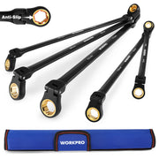 Five-piece metric flex-head ratcheting wrench set with anti-slip box ends and pouch