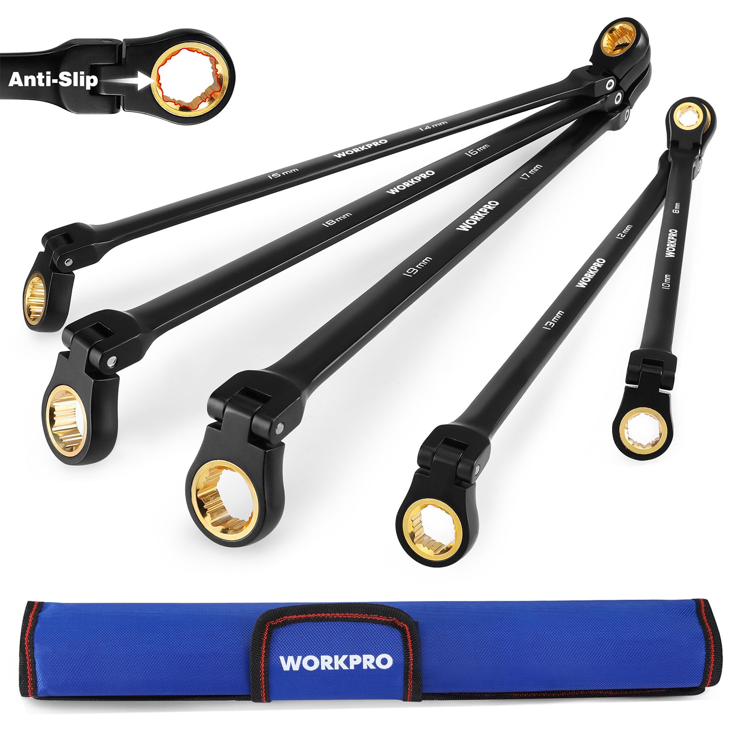 Five-piece metric flex-head ratcheting wrench set with anti-slip box ends and pouch