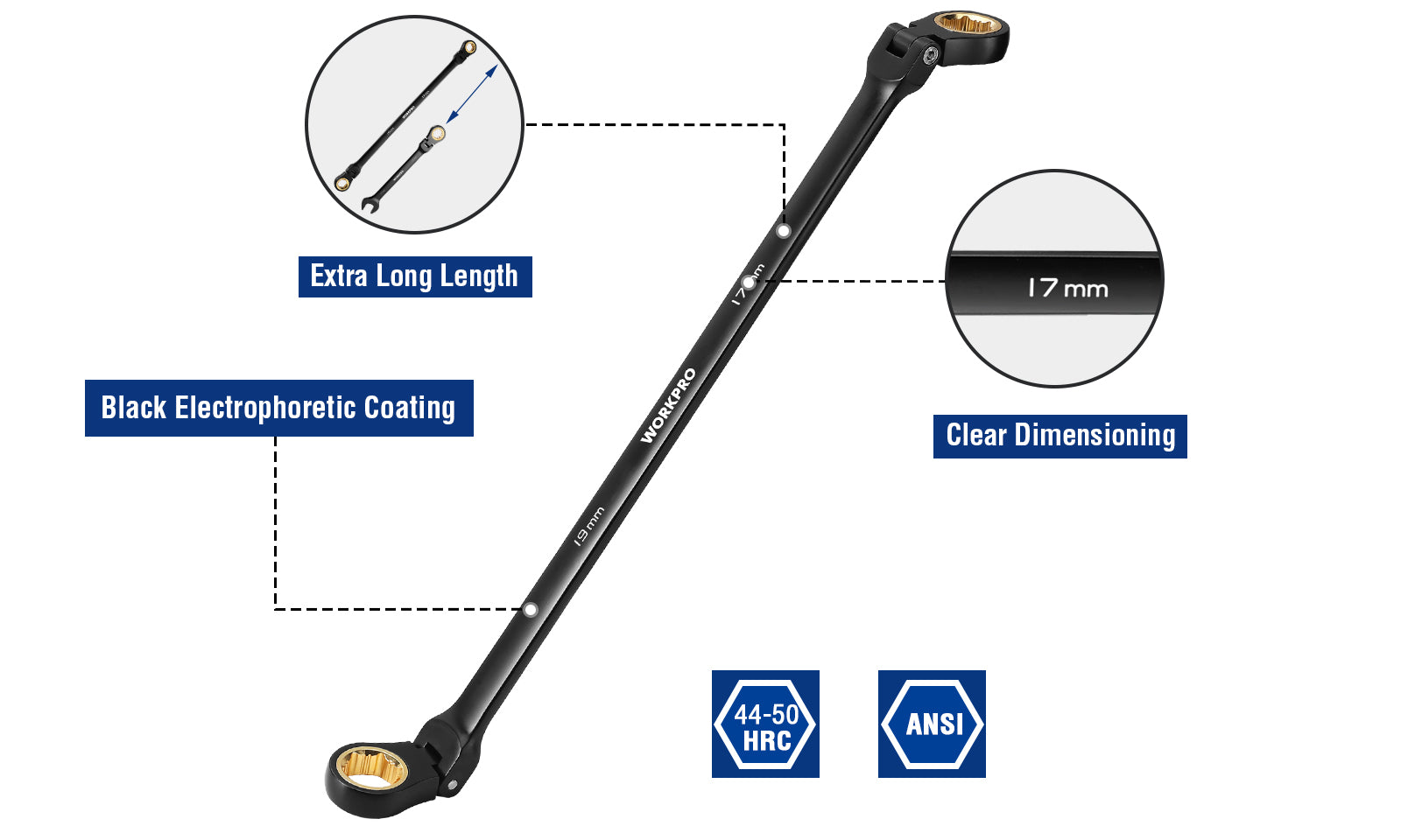 Adjustable wrench with innovation and quality, black electroplated finish, clear 17 mm measurement