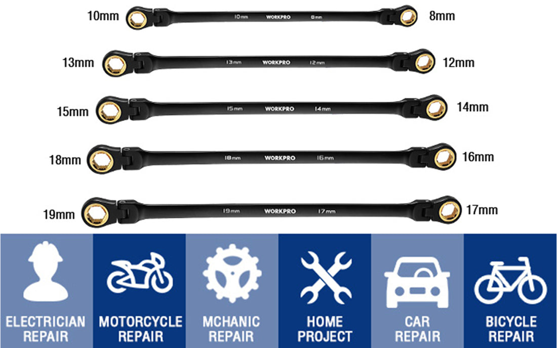 Adjustable wrench set with innovation and quality markings, showing 10mm to 19mm sizes and repair icons