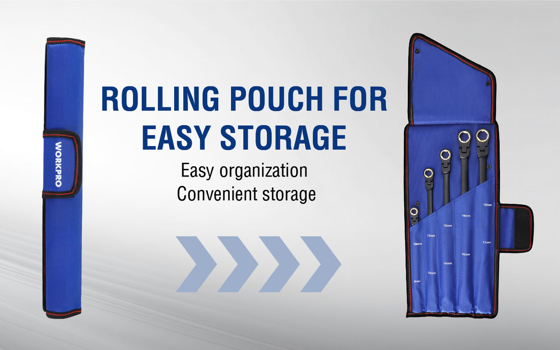 Blue rolling pouch for tools with labeled slots, showing easy organization and convenient storage