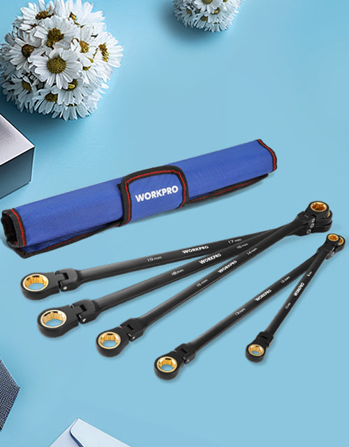 Workpro wrench set with blue fabric roll and black ratchet tools on a light blue background