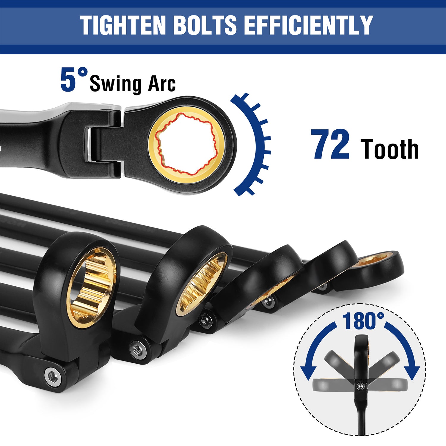 Flex-head ratcheting wrench with 72-tooth mechanism and 5° swing arc box end