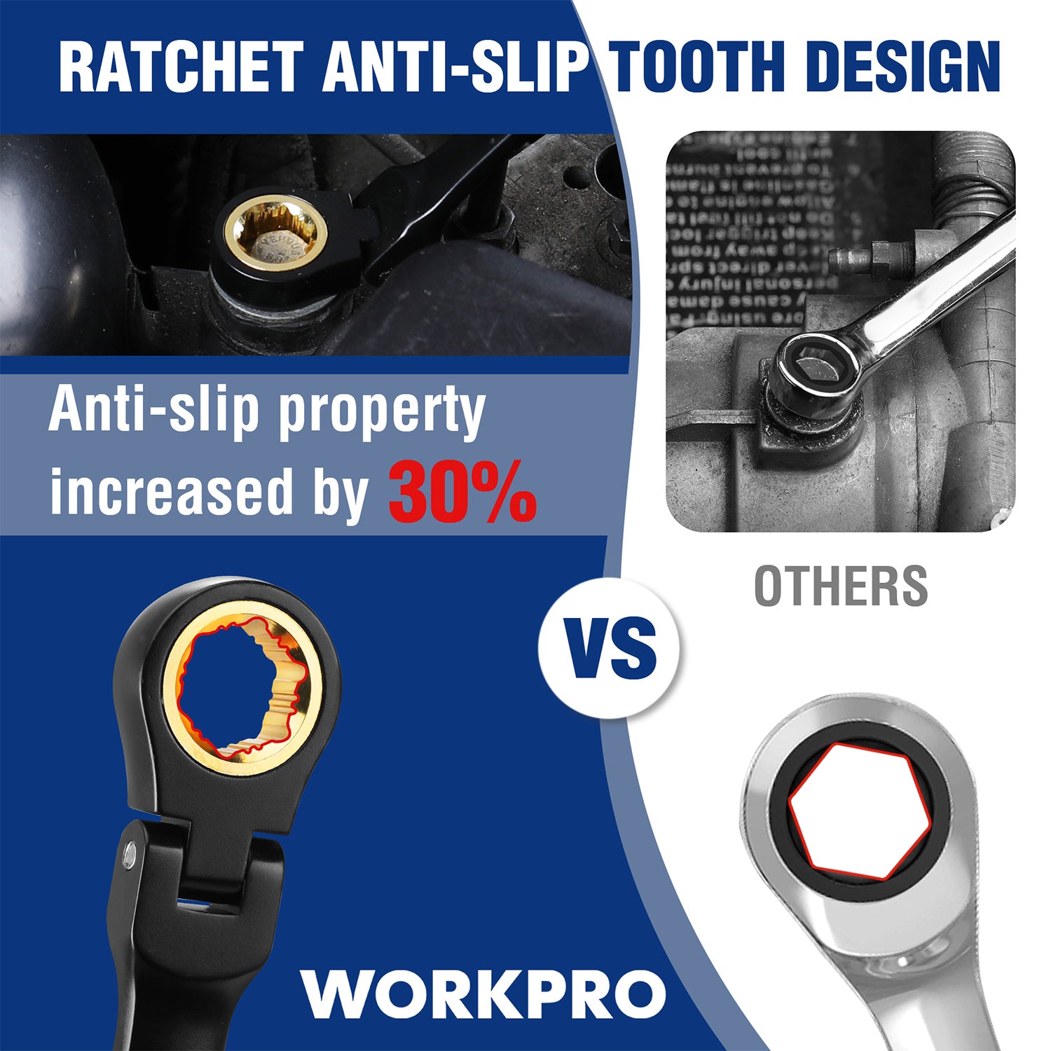 Ratchet anti-slip tooth box wrench head with gold ring detail on black handle