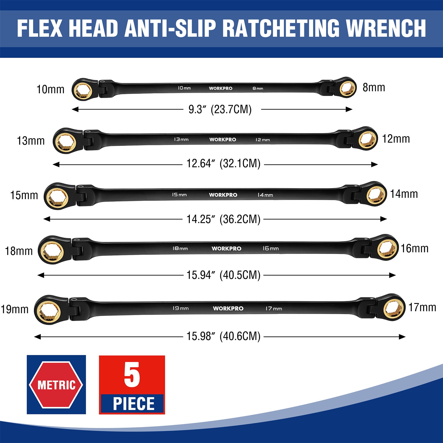 Metric flex-head ratcheting wrench set of 5 with anti-slip box ends, 10–19 mm
