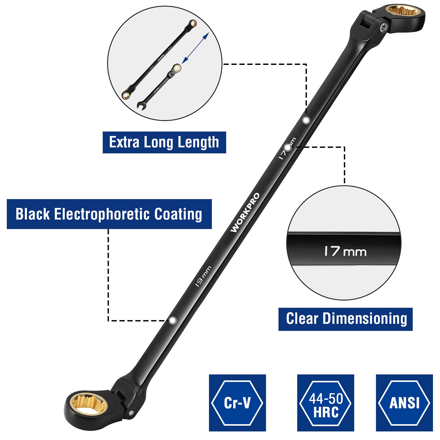 Extra-long flex-head ratcheting wrench with box end, black finish, 17 mm marking