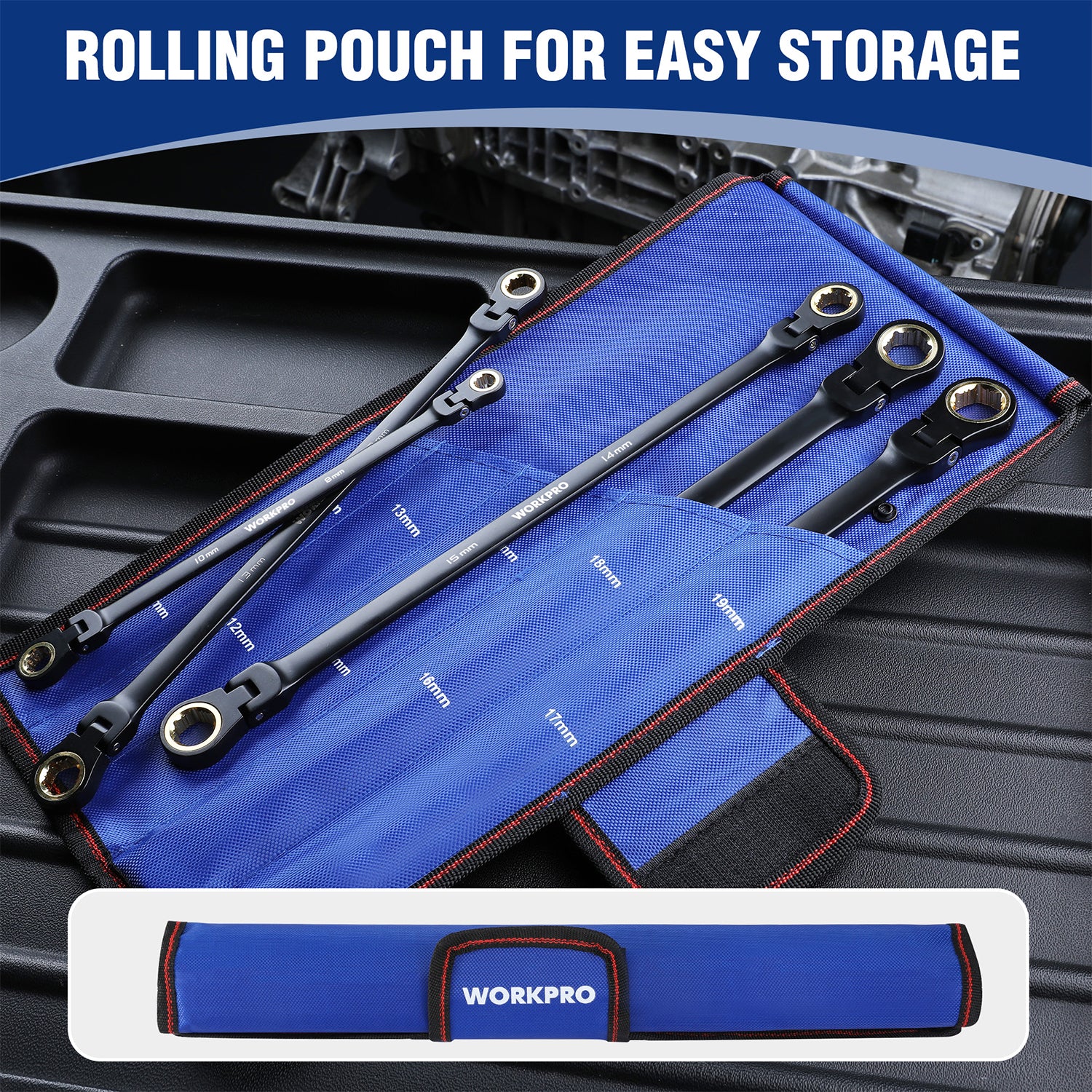 Rolling pouch with five metric flex-head ratcheting wrenches stored inside, blue fabric