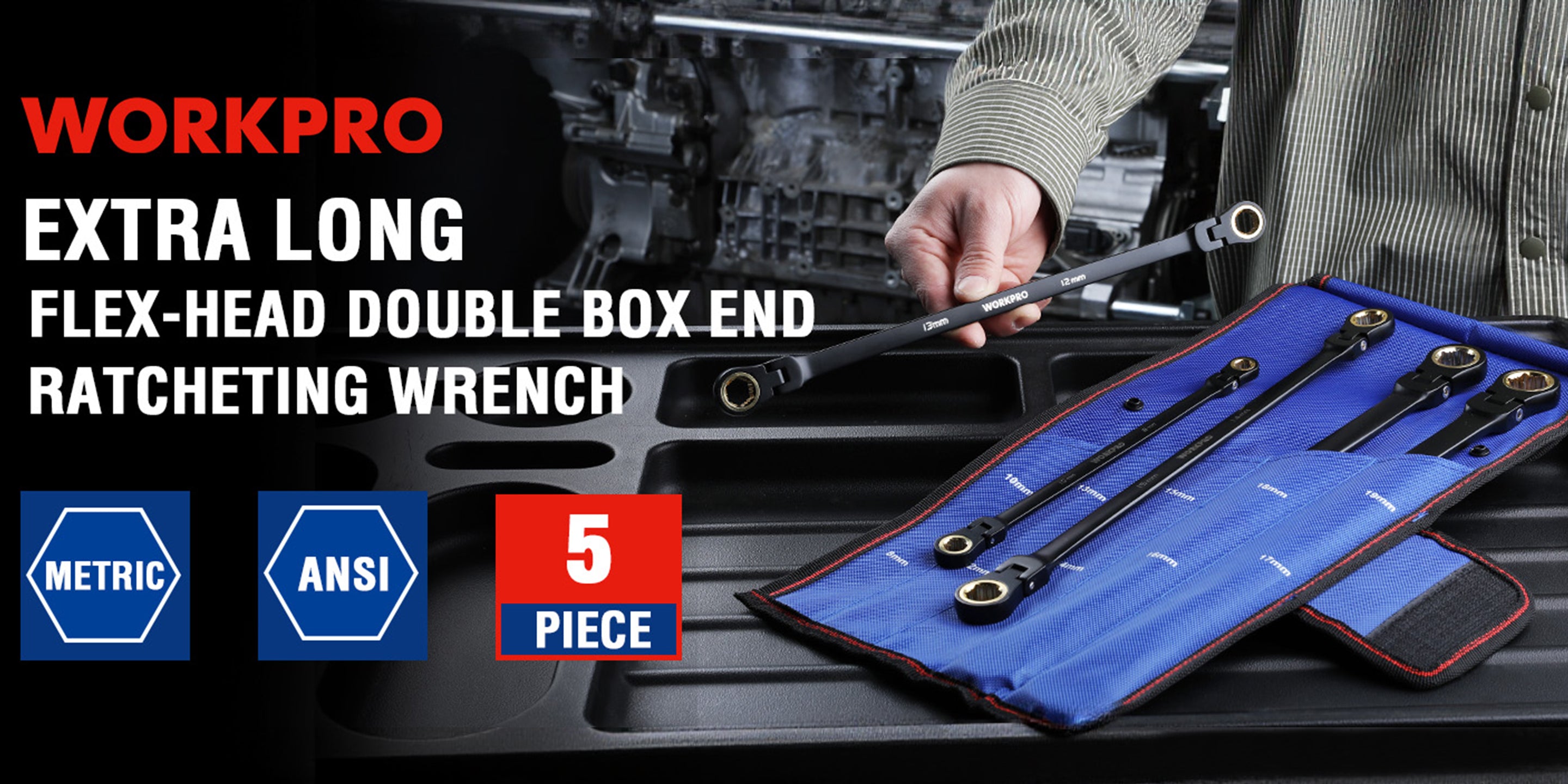 Mechanic hand holding a ratcheting wrench with Workpro text and a blue tool roll on a car engine