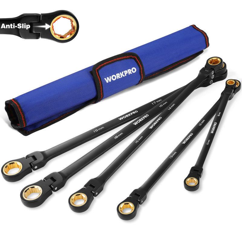 WORKPRO 5-piece Anti-Slip Double Box Extra Long Flex-Head Ratcheting Wrench Set with Rolling Pouch, Metric 8-19 mm