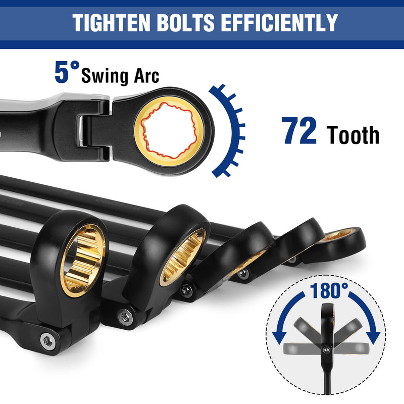 WORKPRO 5-piece Anti-Slip Double Box Extra Long Flex-Head Ratcheting Wrench Set with Rolling Pouch, Metric 8-19 mm