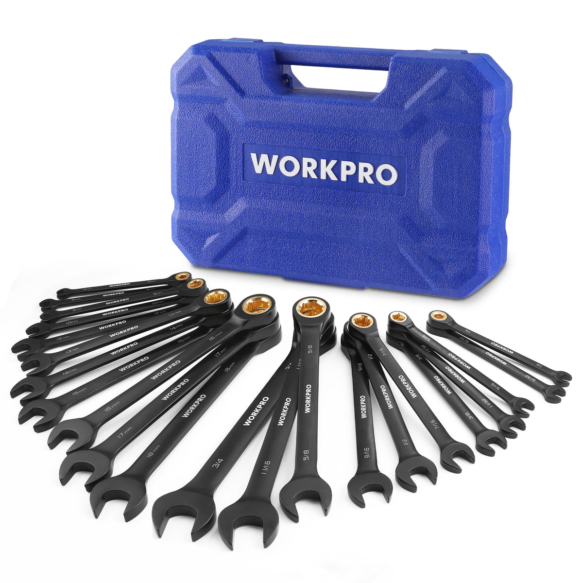 WORKPRO 22-piece Regular Ratcheting Wrench Set Anti-Slip Tooth with Organizer Box, Metric 6-18mm & SAE 1/4-3/4"