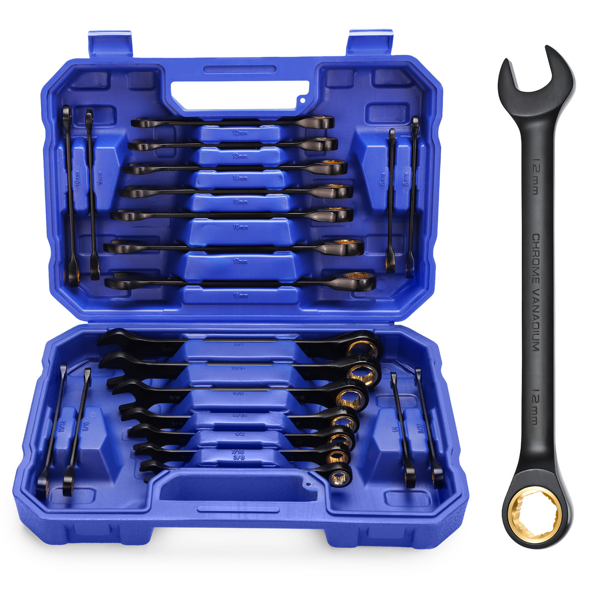 WORKPRO 22-piece Regular Ratcheting Wrench Set Anti-Slip Tooth with Organizer Box, Metric 6-18mm & SAE 1/4-3/4"