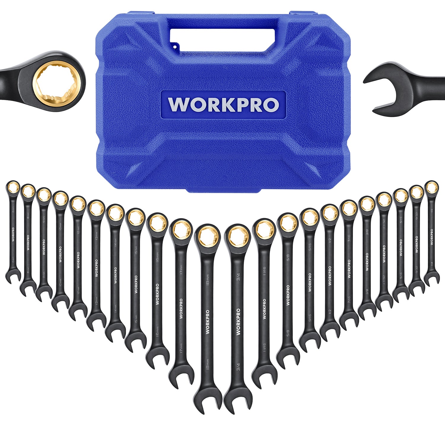 Blue WORKPRO organizer box with flex-head ratcheting wrenches, assorted sizes
