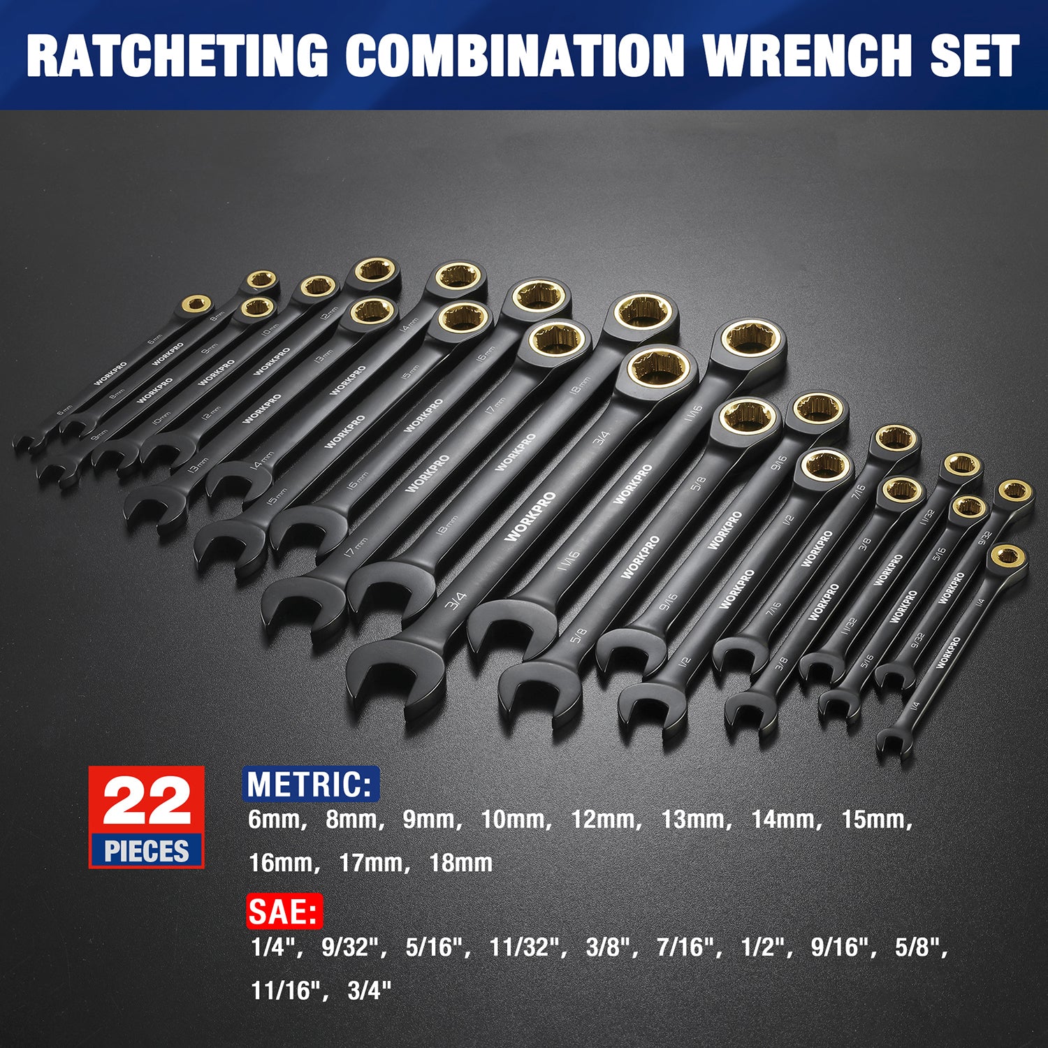 22-piece ratcheting combination wrench set, black handles with gold sockets