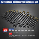 WORKPRO 22-piece Regular/Flex-head Ratcheting Wrench Set Anti-Slip Tooth with Organizer Box, Metric 6-18mm & SAE 1/4-3/4"
