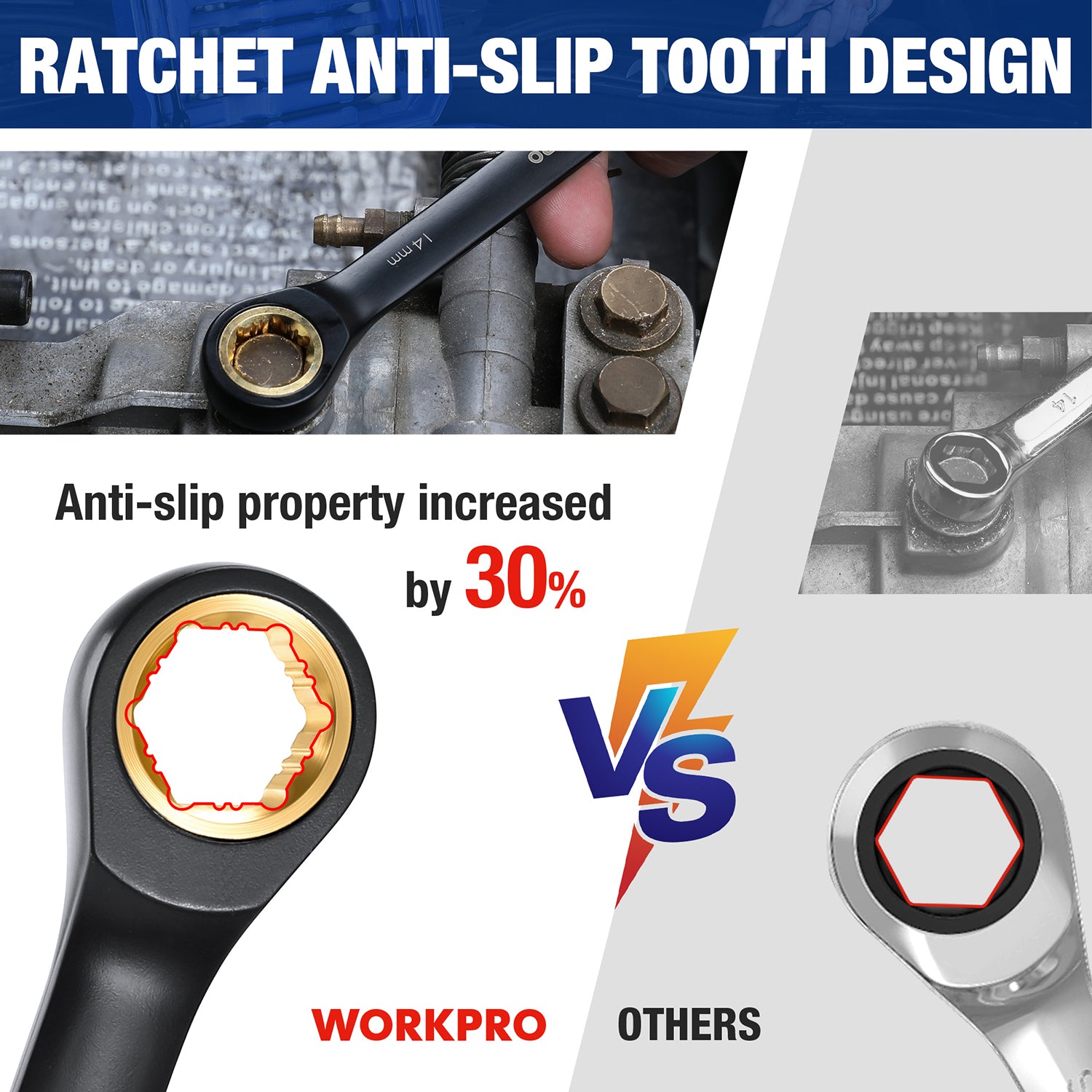 Black ratcheting flex-head wrench with anti-slip tooth and gold drive ring