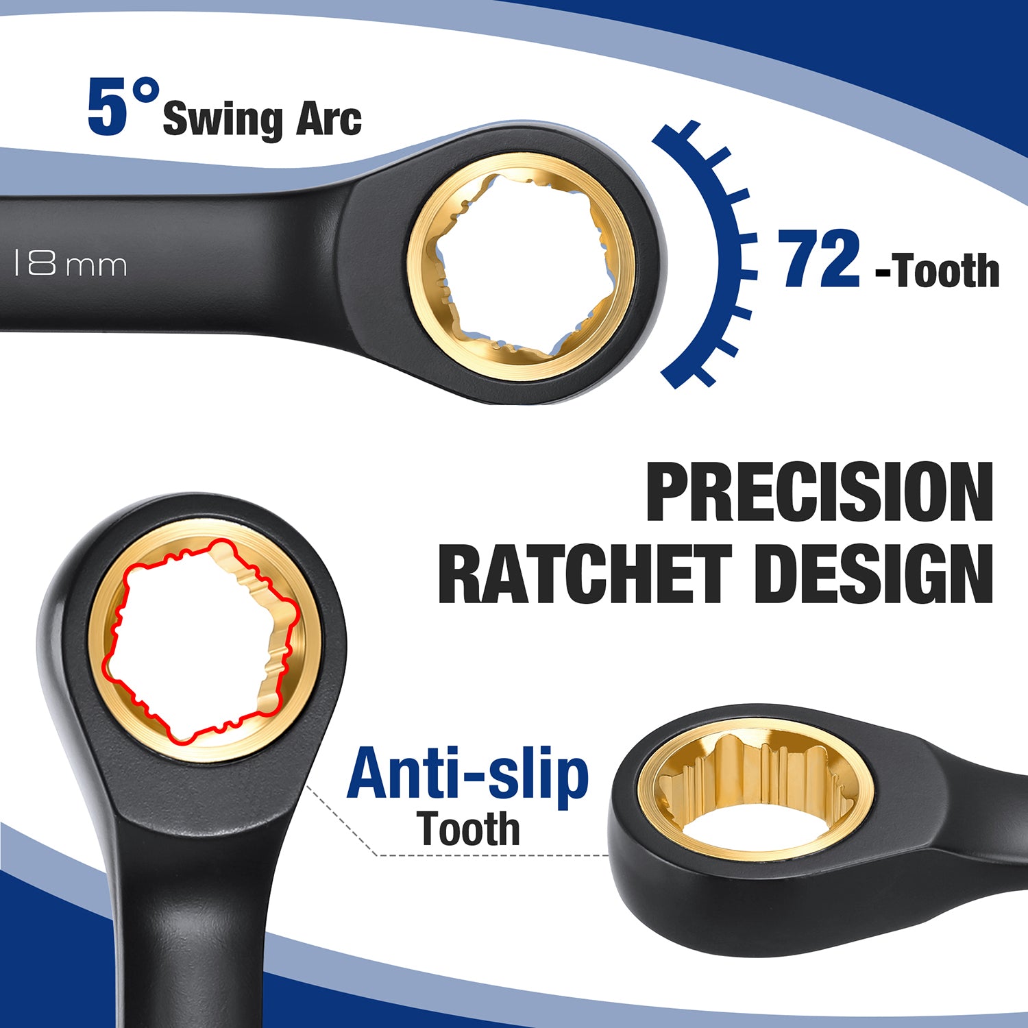 Black flex-head ratchet wrench with 72-tooth anti-slip tooth ring