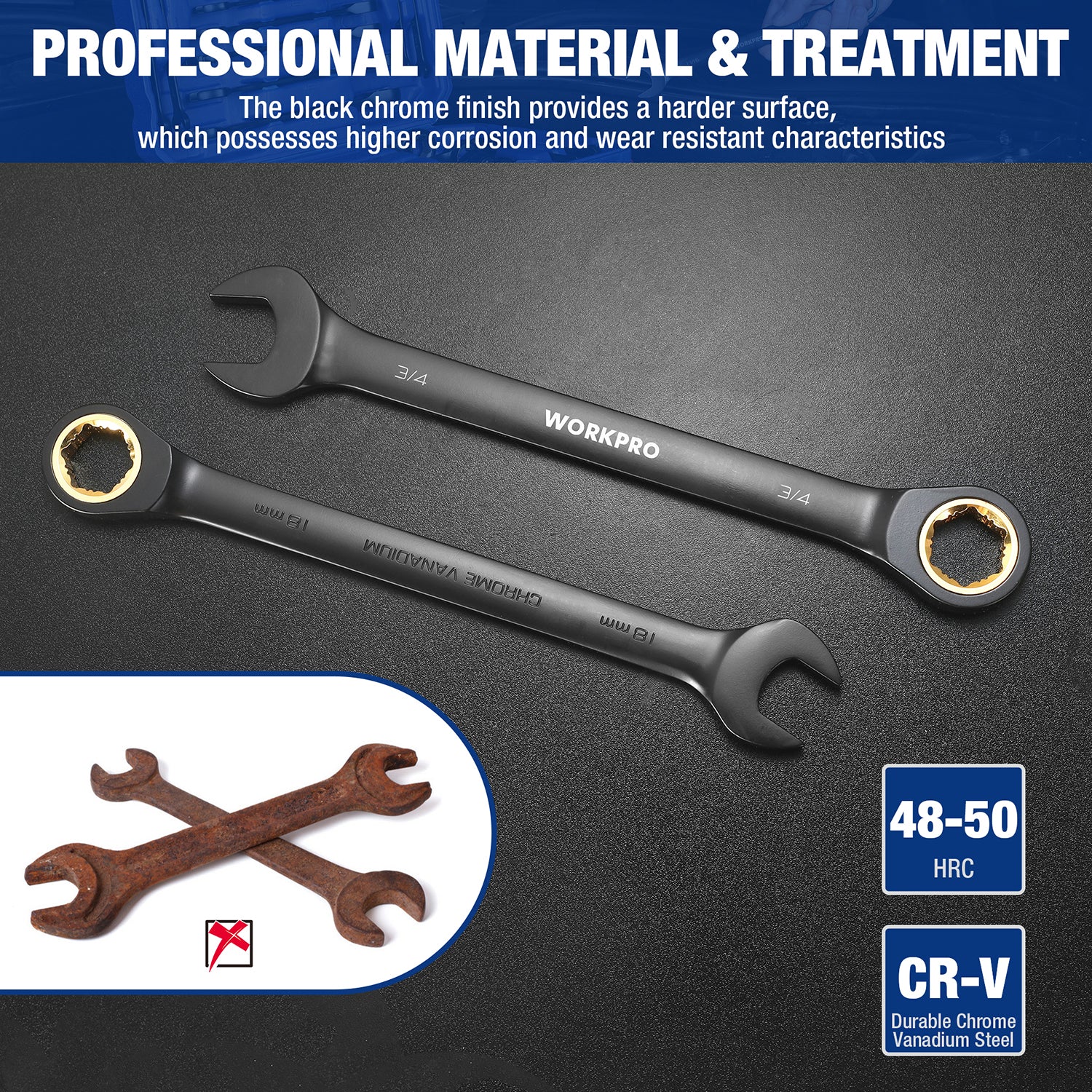 Black ratcheting combination wrenches with gold sockets and CR-V steel marking