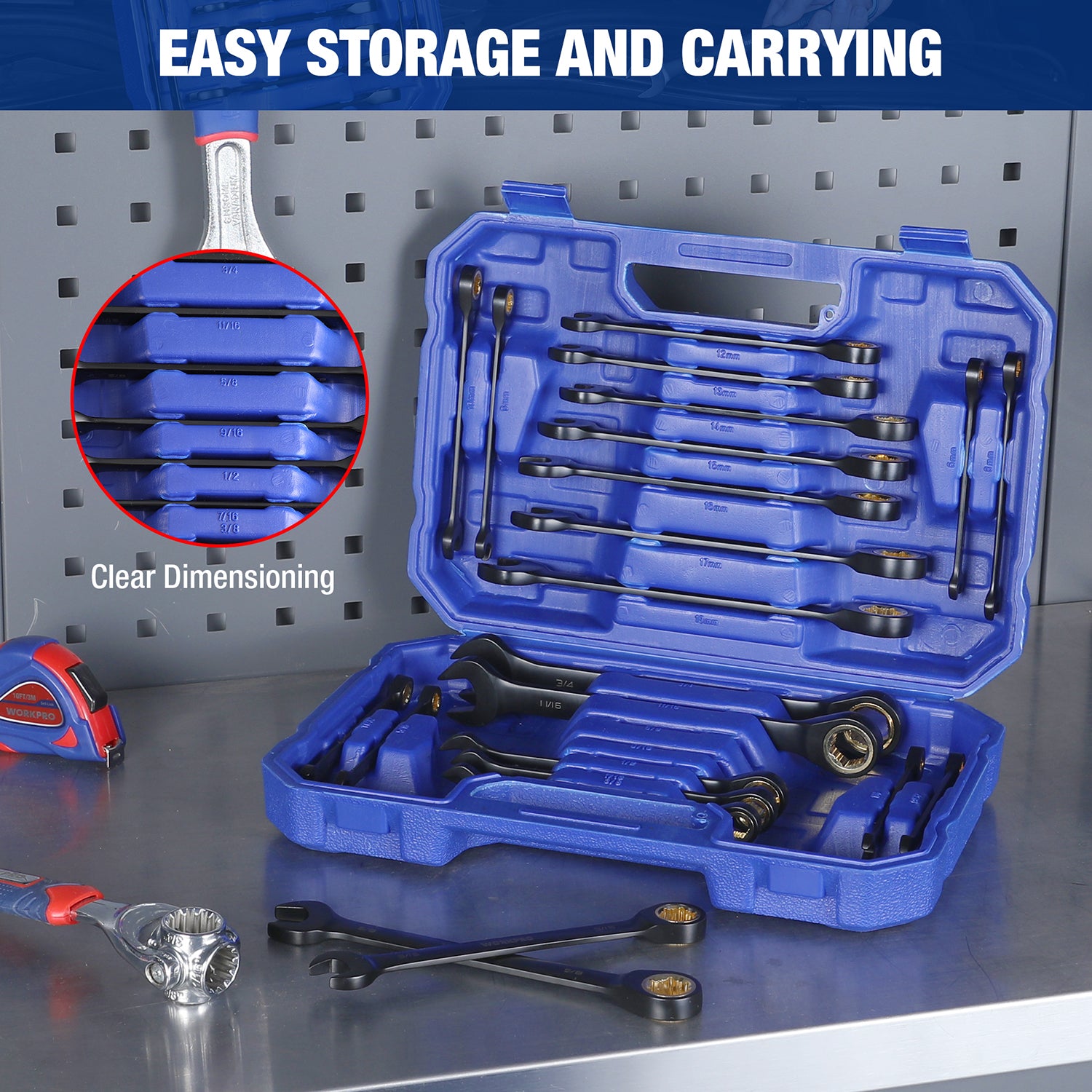Blue organizer case with multiple ratcheting combination wrenches in molded slots