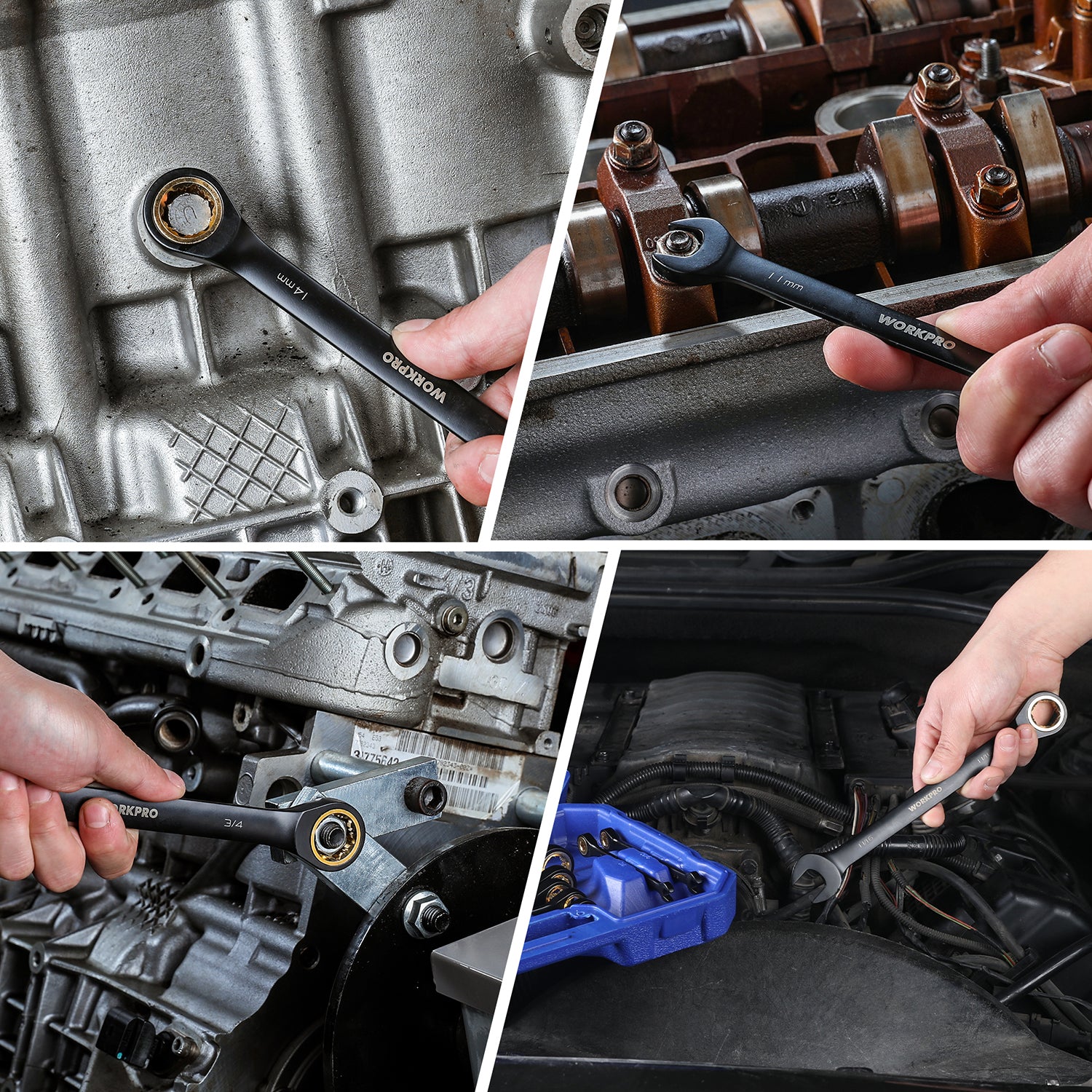 Black flex-head ratcheting wrench tightening fasteners on an engine component