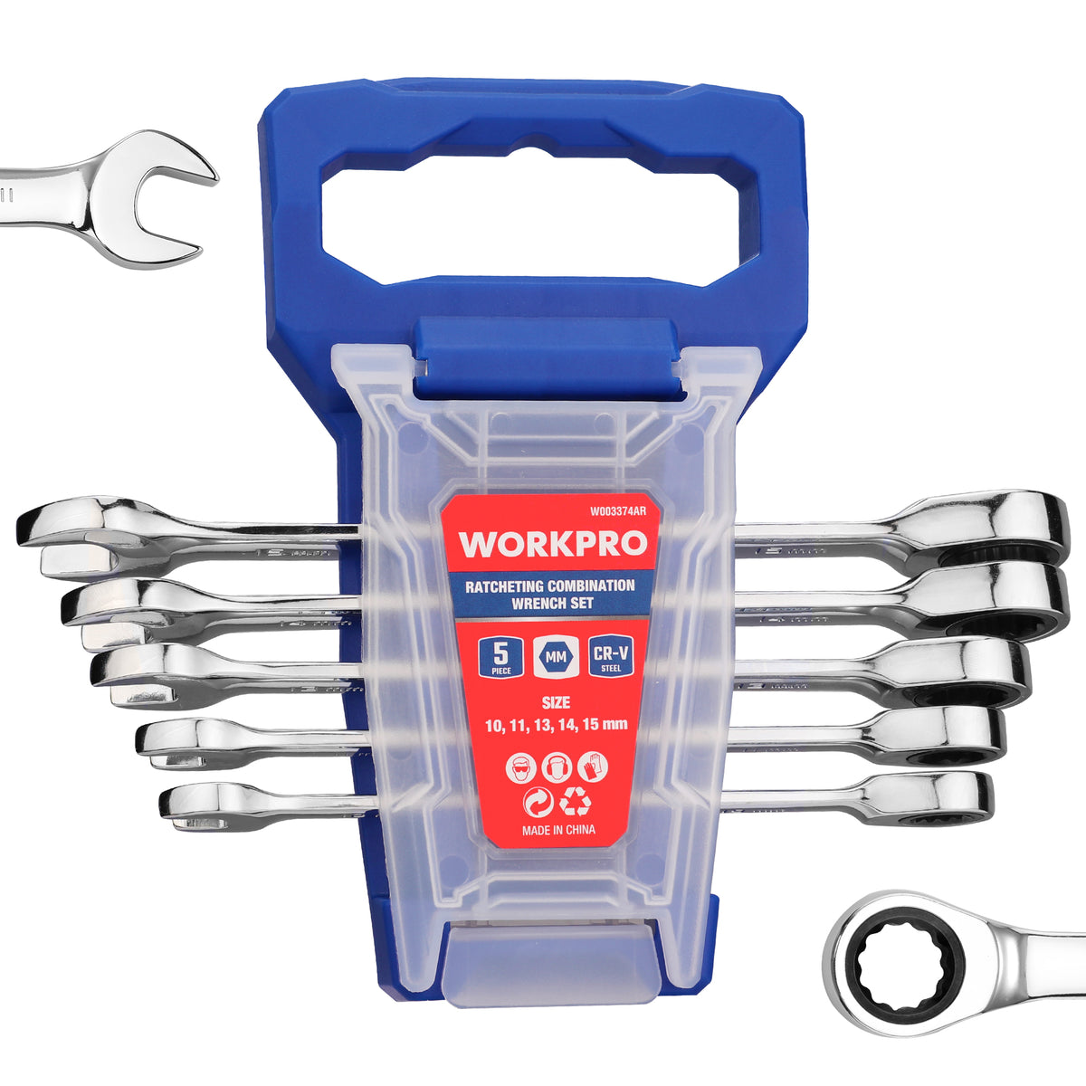WORKPRO Ratcheting Wrench Set, Metric, 5-piece Ratcheting Combination Wrench Set, 10mm, 11mm, 13mm, 14mm, 15mm, 12-Point, CR-V Steel, with Organizer Rack