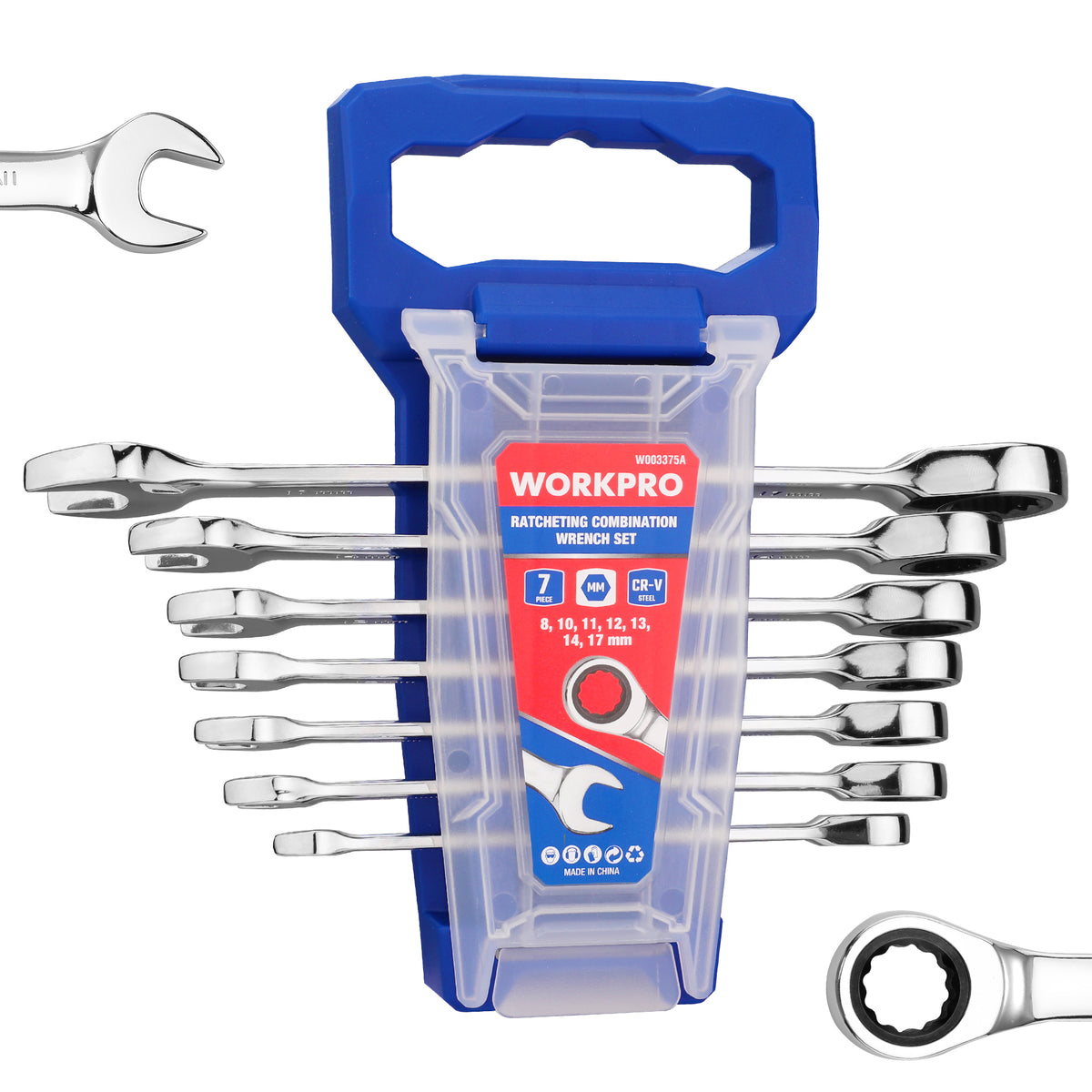 WORKPRO Ratcheting Wrench Set, Metric, 7-piece Ratcheting Combination Wrench Set, 8mm, 10mm, 11mm, 12mm, 13mm, 14mm, 17mm, 12-Point, CR-V Steel, with Organizer Rack
