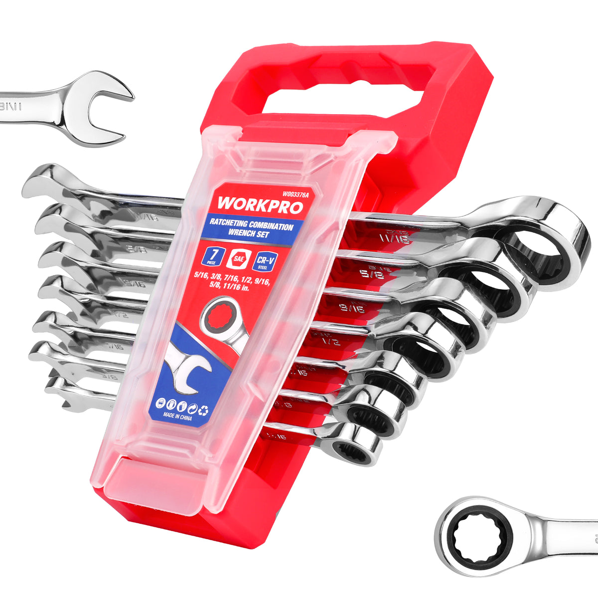 WORKPRO Ratcheting Wrench Set, SAE, 7-piece Ratcheting Combination Wrench Set, 5/16'', 3/8'', 7/16'', 1/2'', 9/16'', 5/8'', 18/16'', 12-Point, CR-V Steel, with Organizer Rack