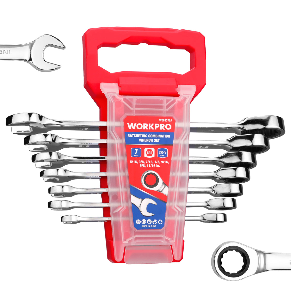 WORKPRO Ratcheting Wrench Set, SAE, 7-piece Ratcheting Combination Wrench Set, 5/16'', 3/8'', 7/16'', 1/2'', 9/16'', 5/8'', 18/16'', 12-Point, CR-V Steel, with Organizer Rack