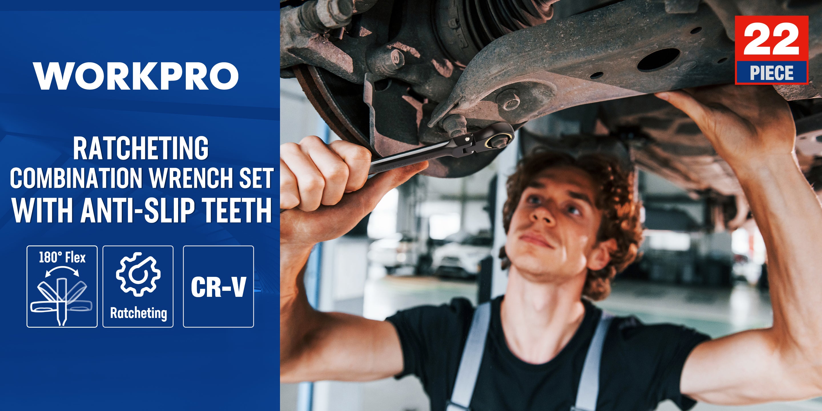 Ratchet wrench set with anti-slip teeth, innovation and quality shown in a workshop scene